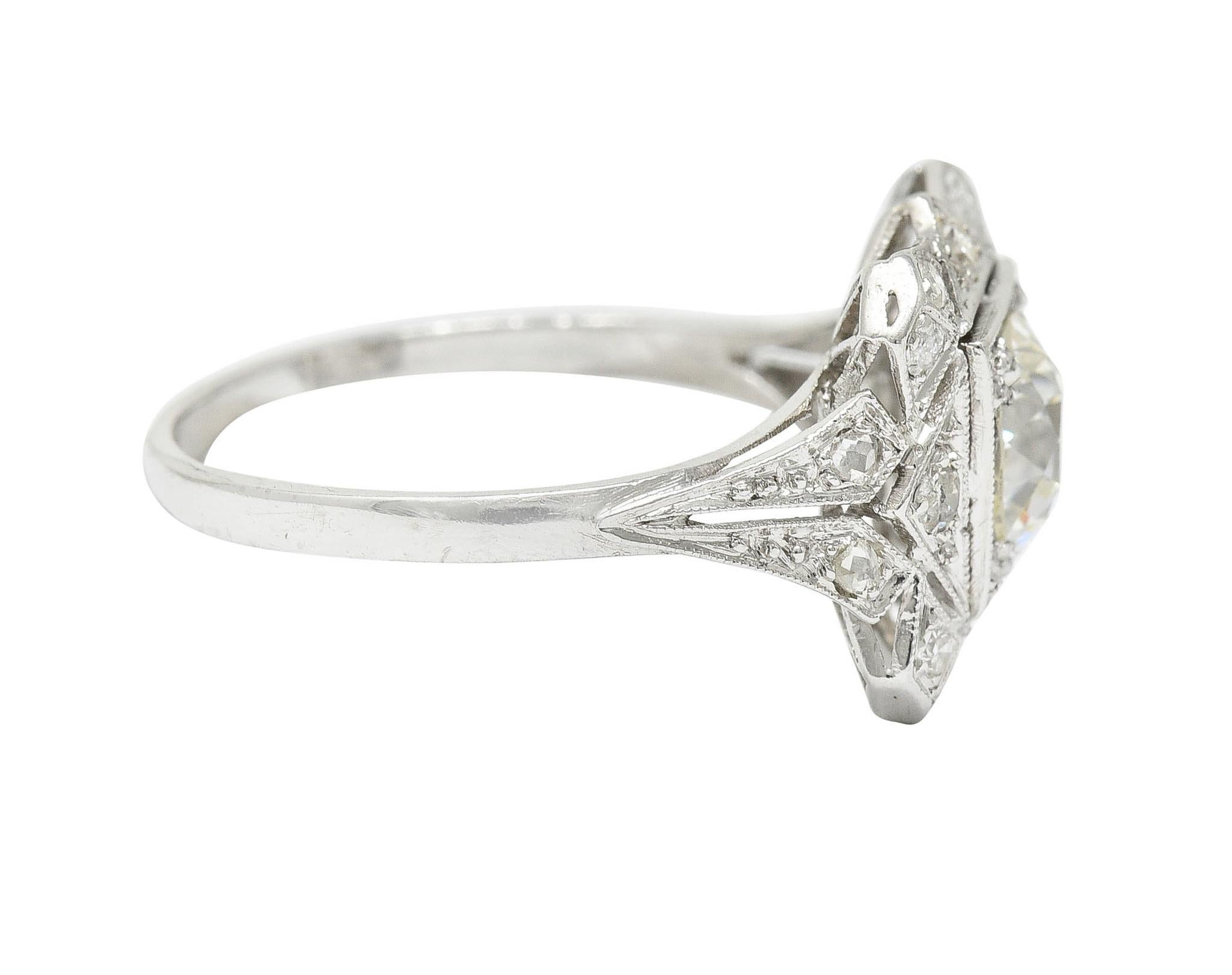 Old European Cut 1930's Art Deco 1.40 Carats Diamond Platinum Geometric Dinner Ring GIA