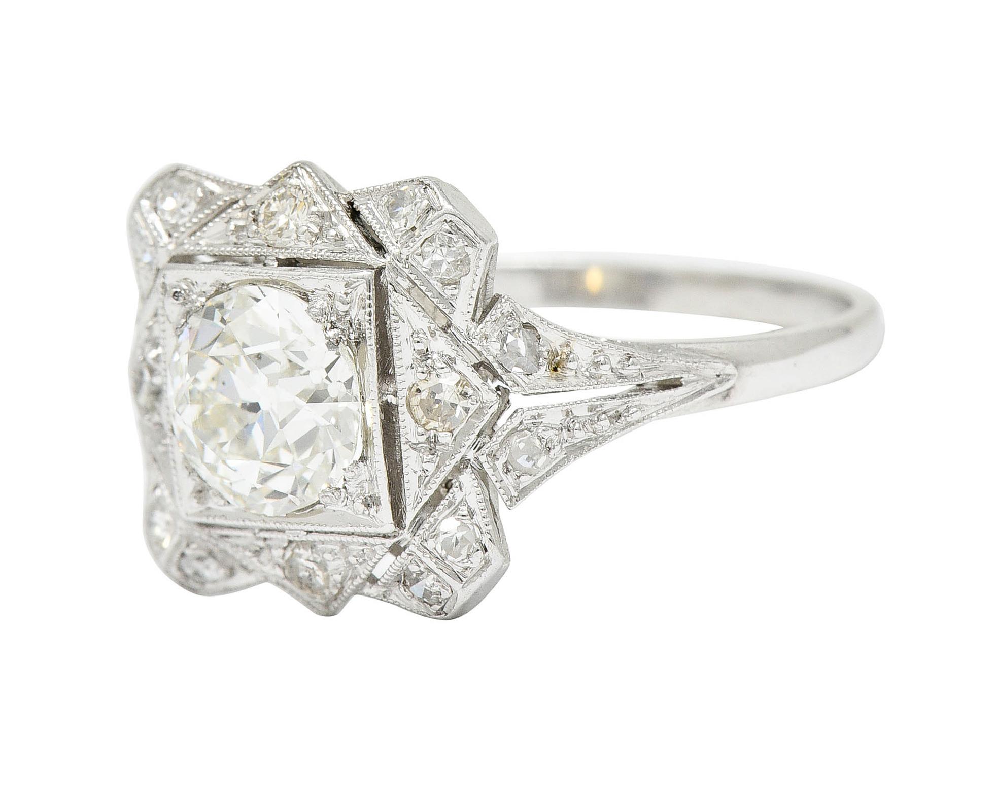 1930's Art Deco 1.40 Carats Diamond Platinum Geometric Dinner Ring GIA 1