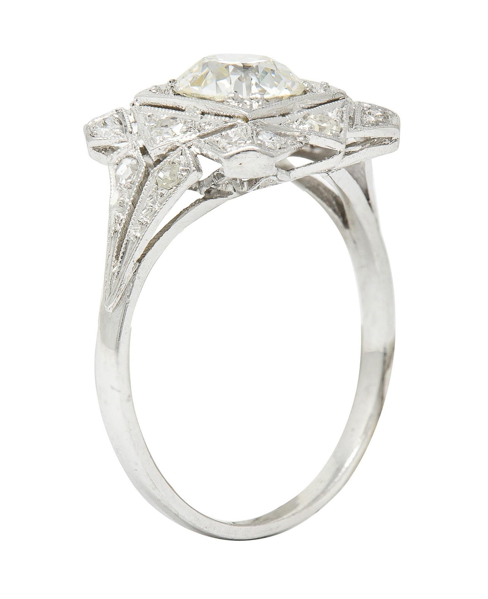 1930's Art Deco 1.40 Carats Diamond Platinum Geometric Dinner Ring GIA 3