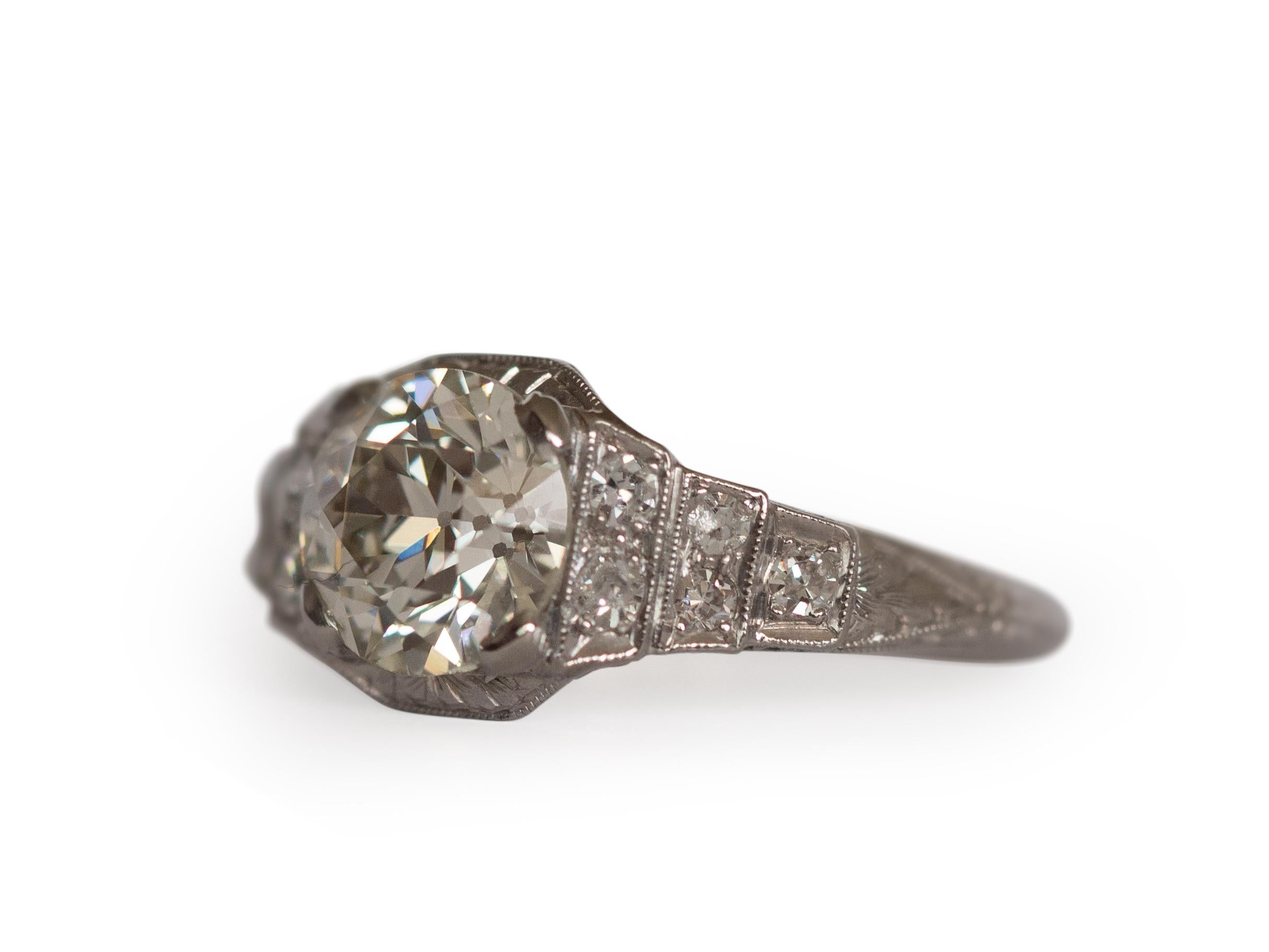 Item Details: 
Ring Size: 6
Metal Type: Platinum [Hallmarked, and Tested]
Weight: 3.5 grams

Center Diamond Details:
GIA REPORT #: 1216211131
Weight: 1.61
Cut: Old European Brilliant
Color: L
Clarity: VS2

Side Diamond Details:
Weight: .15cttw
Cut: