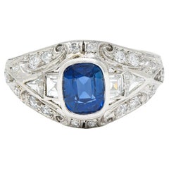 1930's Art Deco 1.67 Carats Cushion Sapphire Diamond Band Ring