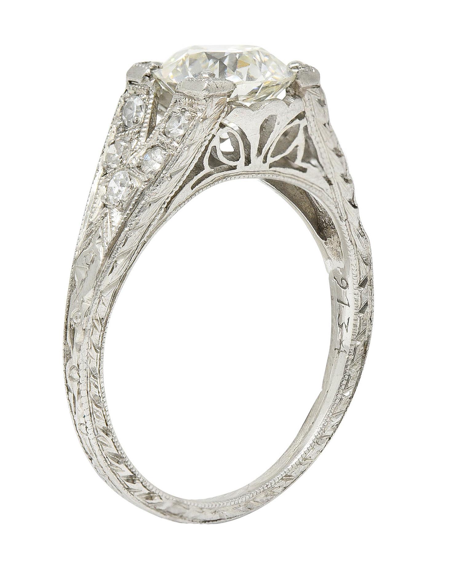 1930's Art Deco 1.68 Carats Diamond Platinum Lotus Engagement Ring GIA 4