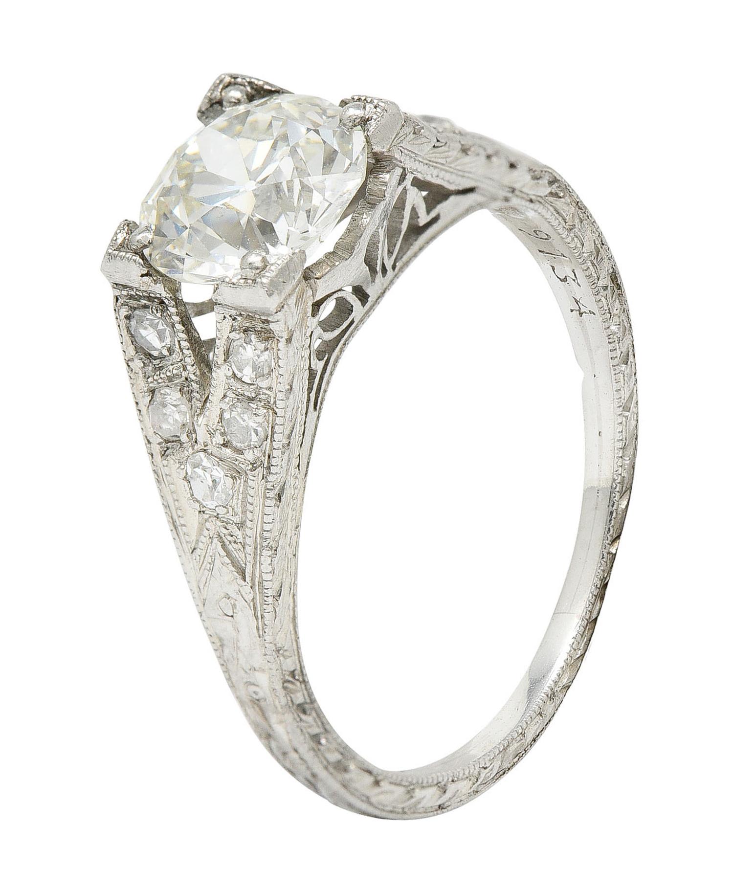 1930's Art Deco 1.68 Carats Diamond Platinum Lotus Engagement Ring GIA 6
