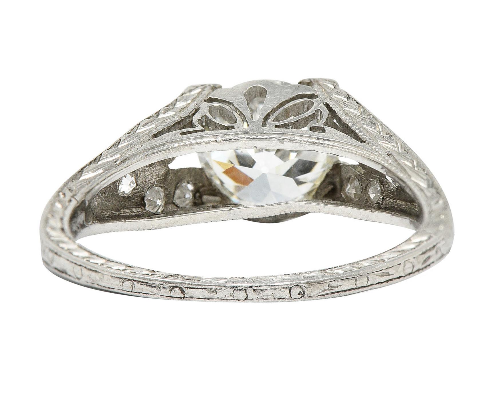 Round Cut 1930's Art Deco 1.68 Carats Diamond Platinum Lotus Engagement Ring GIA