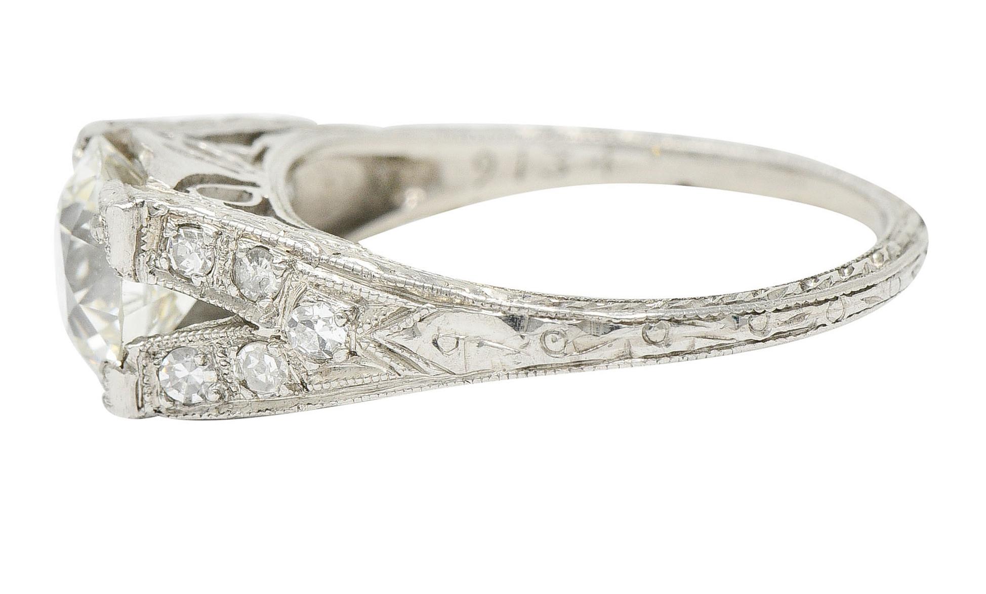 1930's Art Deco 1.68 Carats Diamond Platinum Lotus Engagement Ring GIA In Excellent Condition In Philadelphia, PA