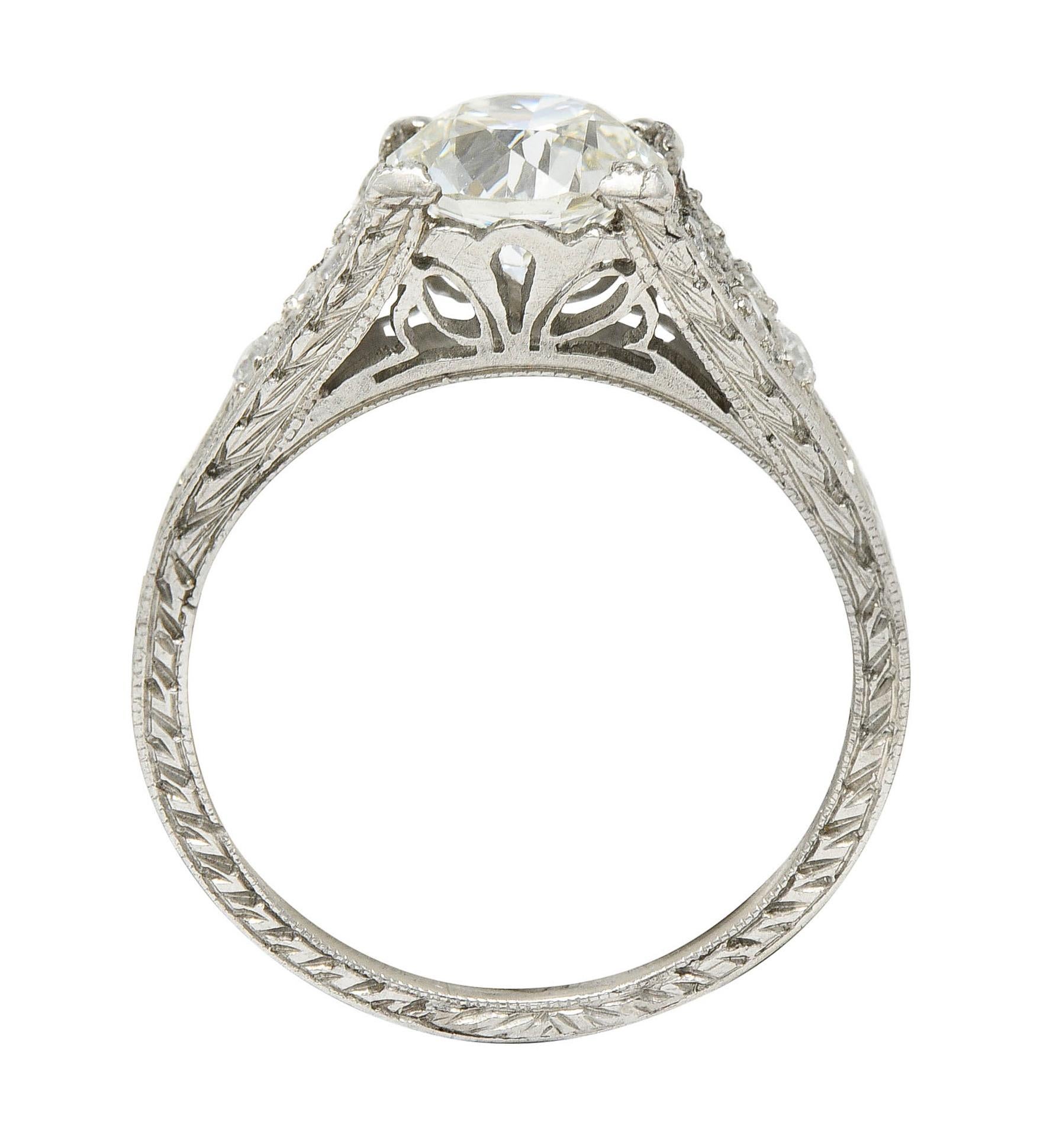 1930's Art Deco 1.68 Carats Diamond Platinum Lotus Engagement Ring GIA 3
