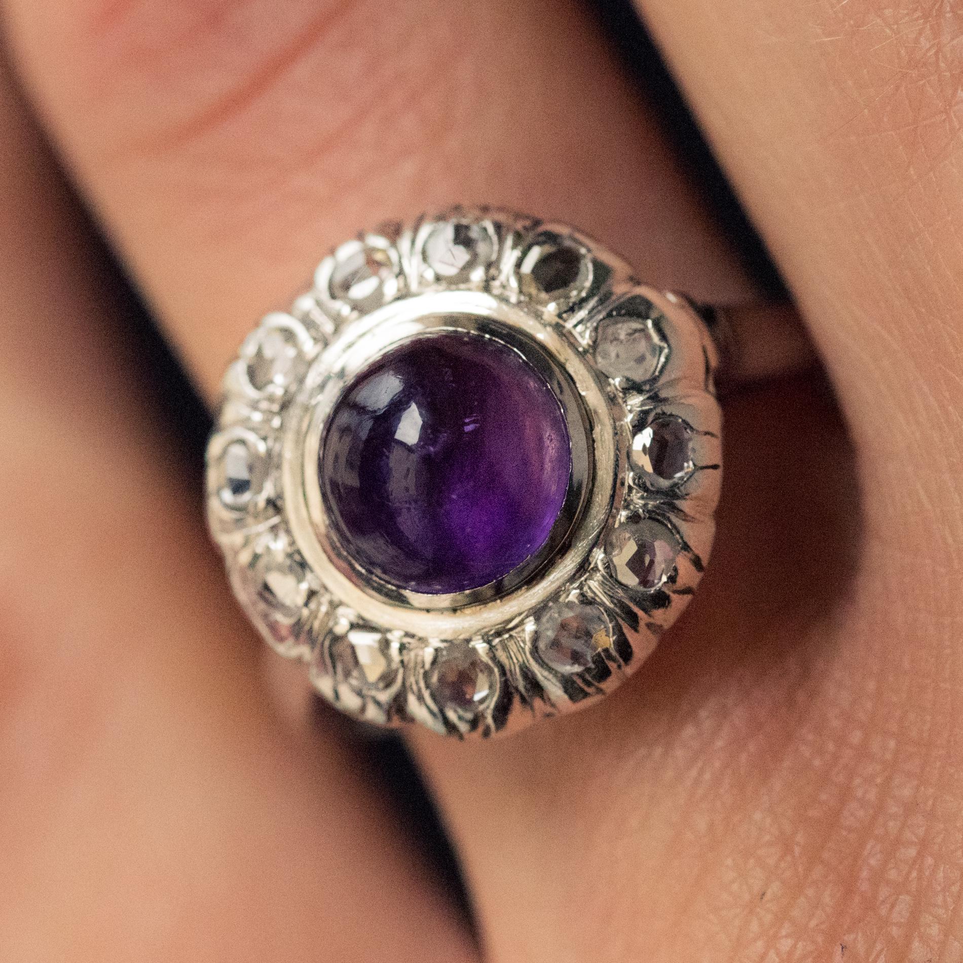 Cabochon 1930s Art Deco 1.75 Carat Amethyst Diamonds 18 Karat White Gold Ring For Sale