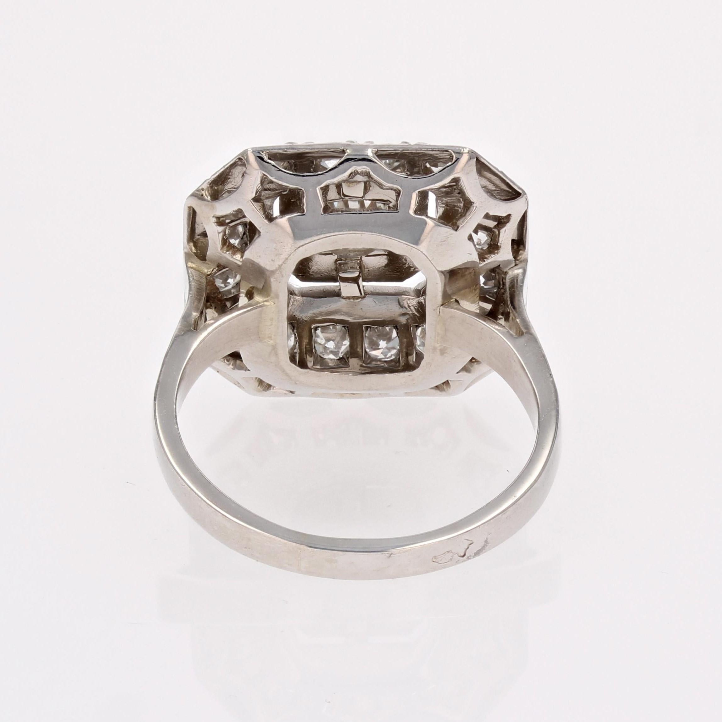 1930s Art Deco 18 Karat White Gold Diamond Squarred Ring For Sale 11