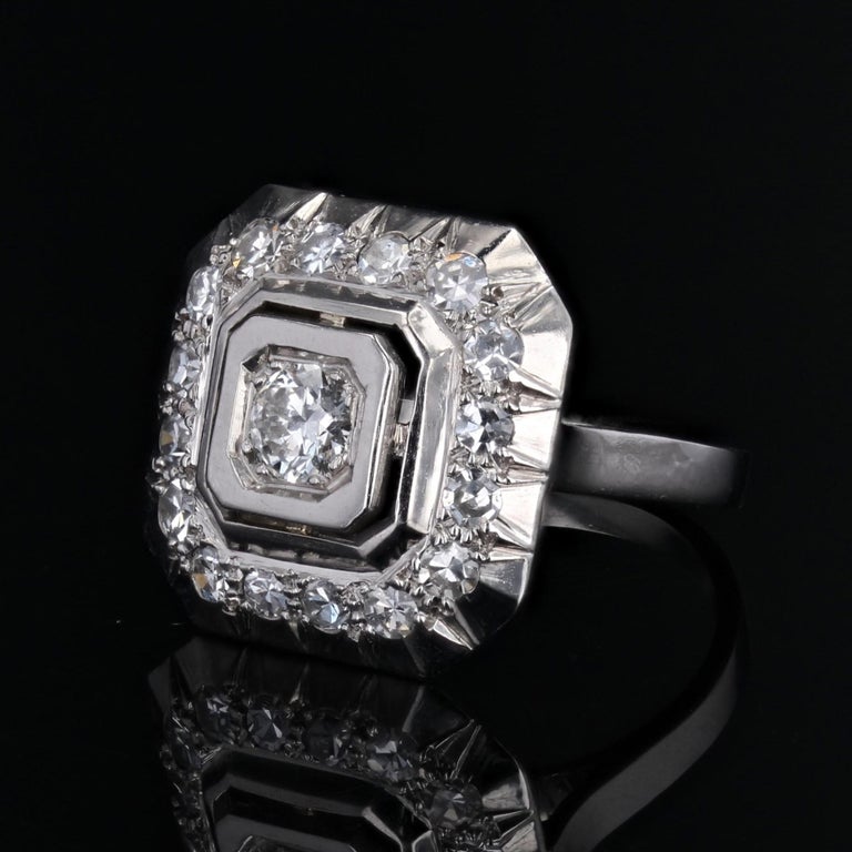 Bague Art Déco Or Blanc 18k Diamant - Taille 55 - Circa 1930 - Occasion Vintage