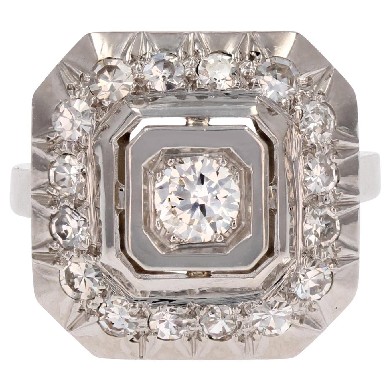 1930s Art Deco 18 Karat White Gold Diamond Squarred Ring For Sale