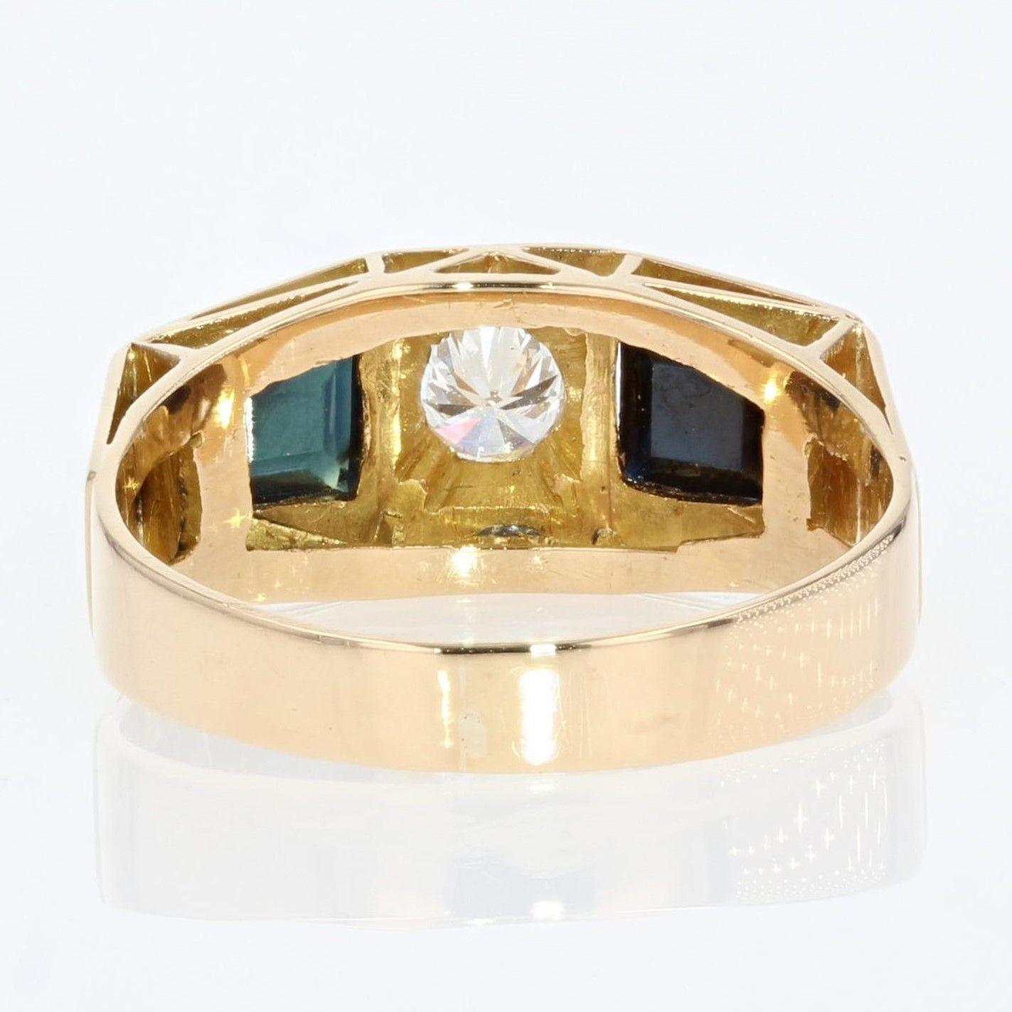 1930s Art Deco 18 Karat Yellow Gold Sapphires Diamond Garter Ring For Sale 4