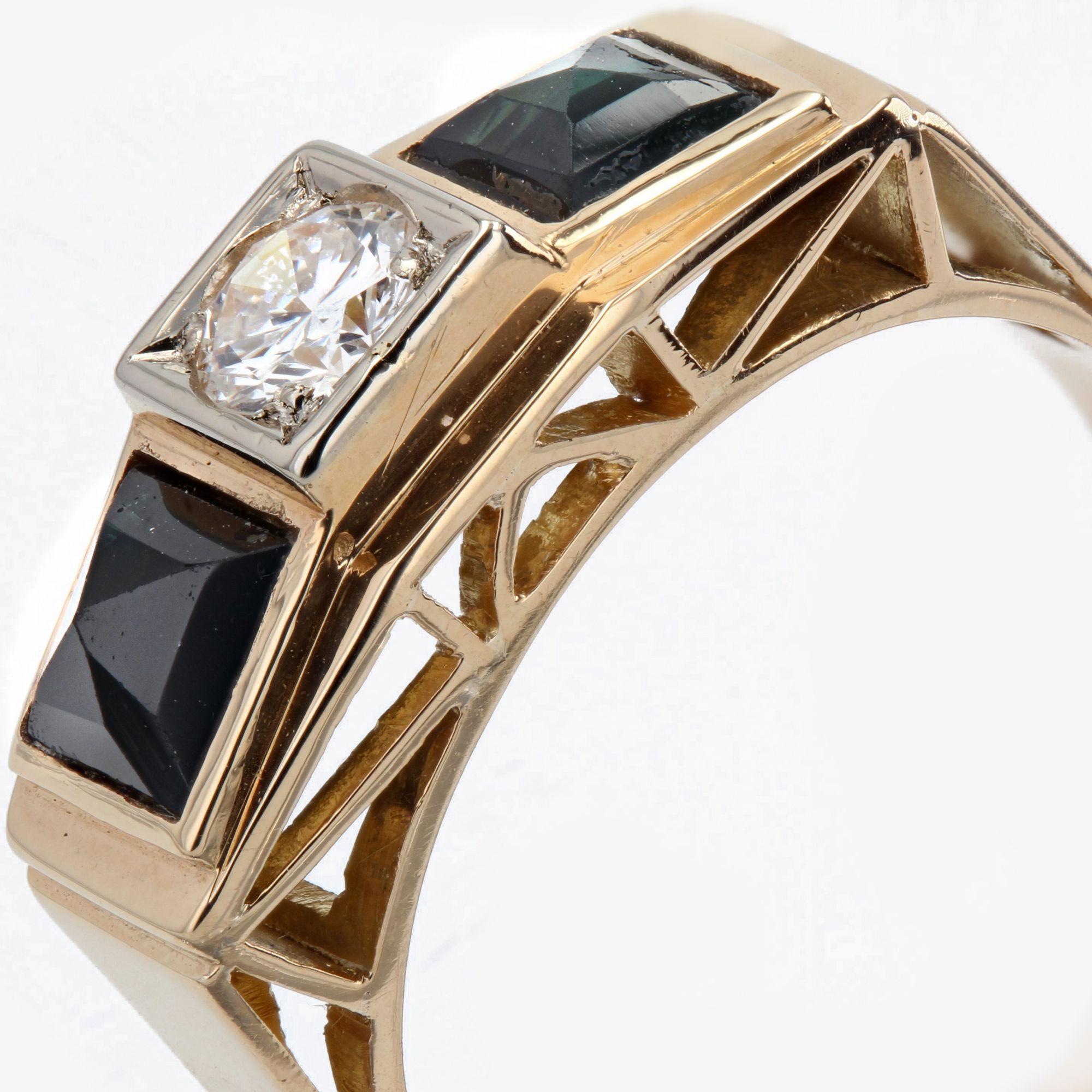 Brilliant Cut 1930s Art Deco 18 Karat Yellow Gold Sapphires Diamond Garter Ring For Sale