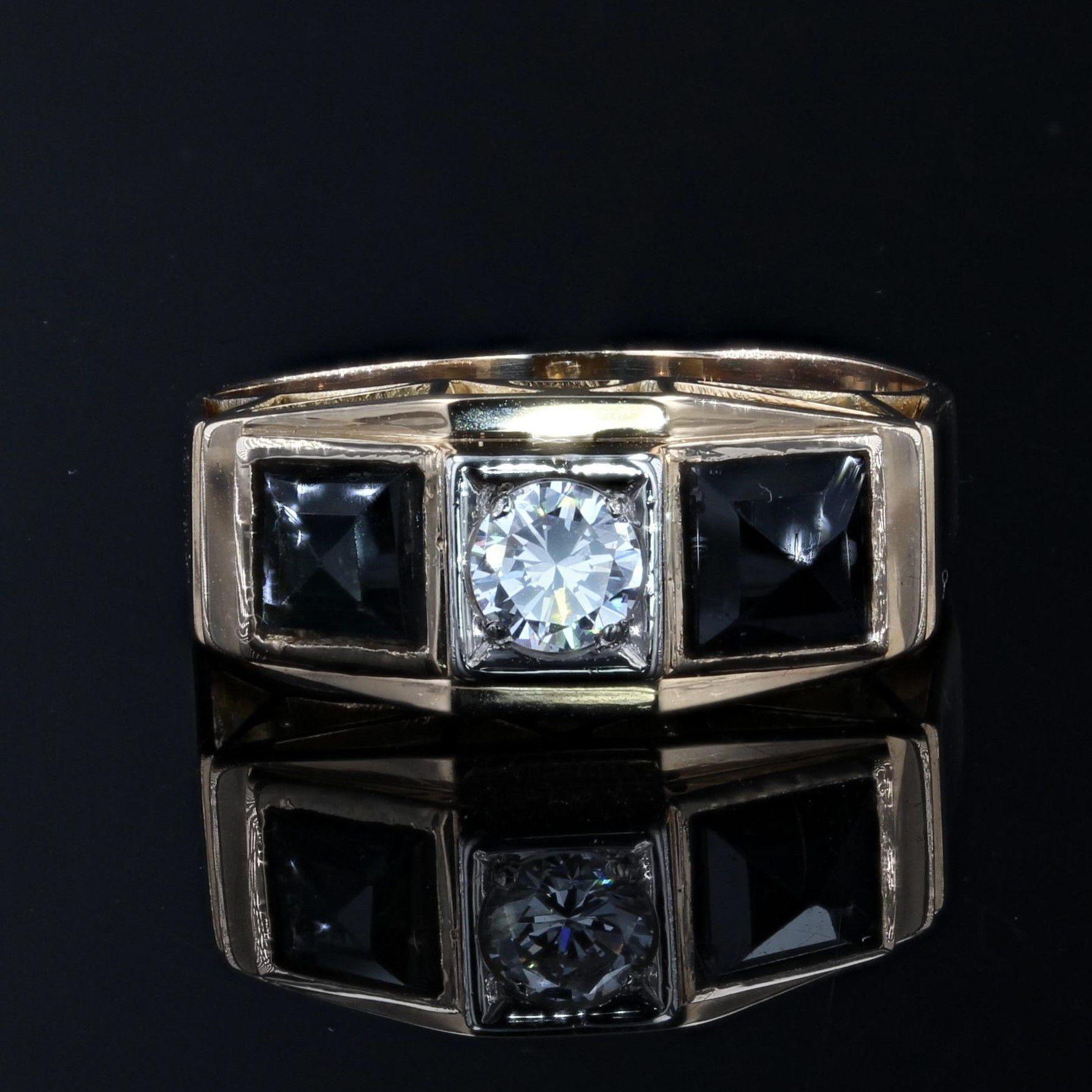 Bague art déco en or jaune 18 carats avec saphirs et diamants, années 1930 en vente 1