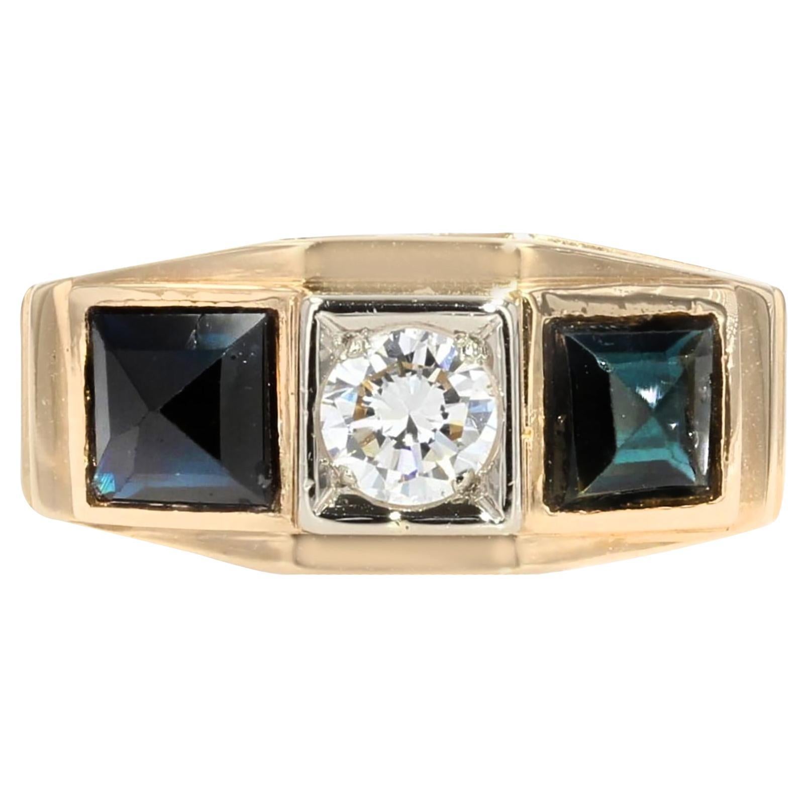 Bague art déco en or jaune 18 carats avec saphirs et diamants, années 1930 en vente
