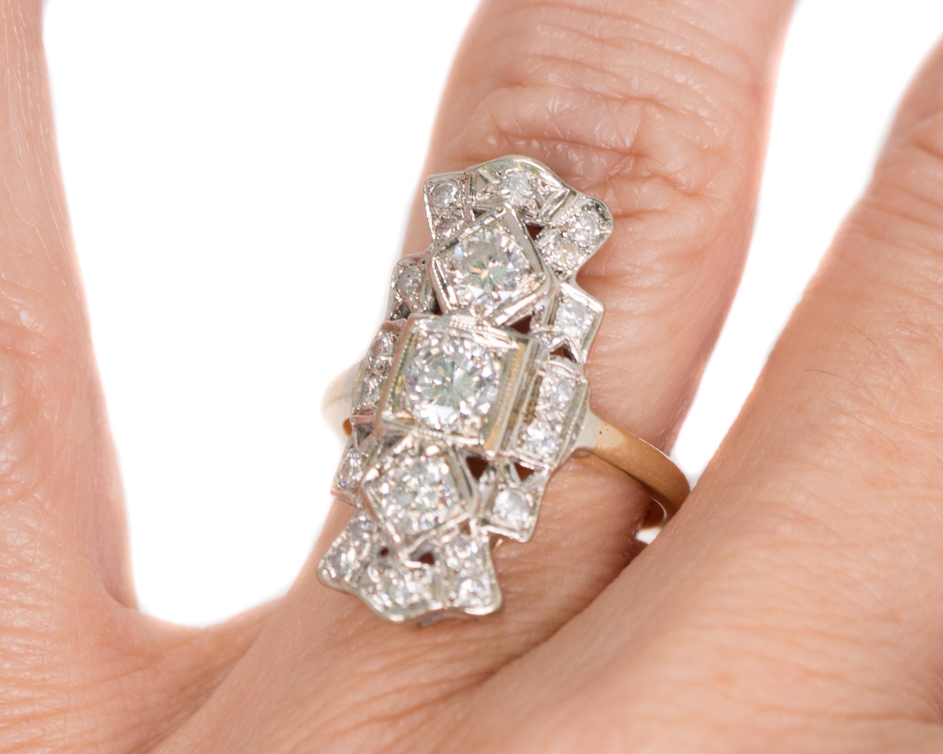 1930s Art Deco 2 Carat Diamond Shield Three-Stone Engagement Ring 2