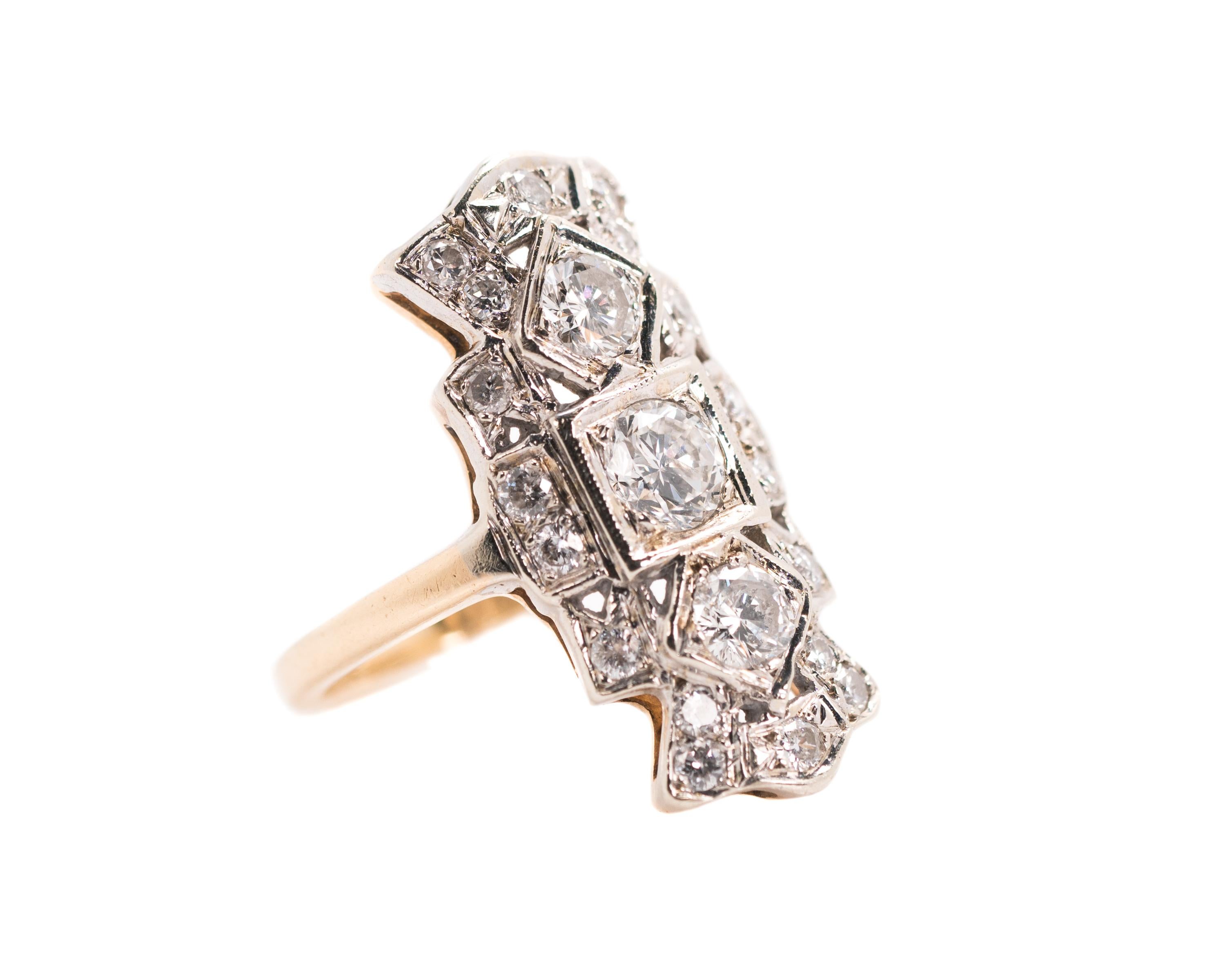 1930s Art Deco Old European, Single cut Diamond Shield Ring - 14 Karat Yellow Gold, White Gold, Diamonds

Features 3 large round Old European cut Diamonds surrounded by single cut Diamonds. 
The head of the ring is crafted from 14k White Gold. The