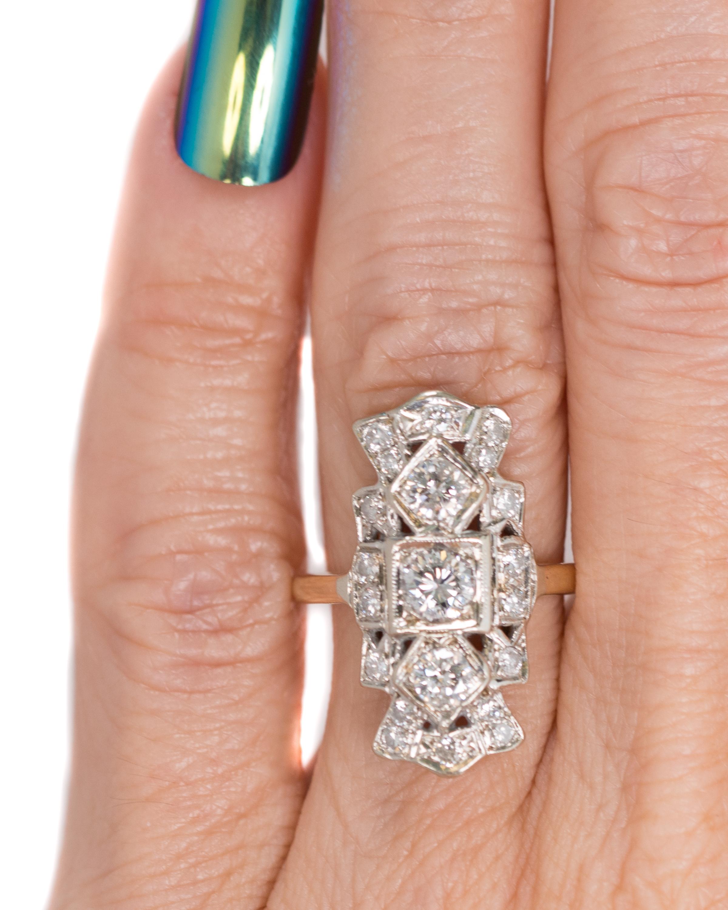 1930s Art Deco 2 Carat Diamond Shield Three-Stone Engagement Ring 1