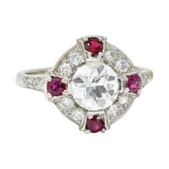 1930's Art Deco 2.32 Carats Diamond Ruby Platinum Halo Ring GIA