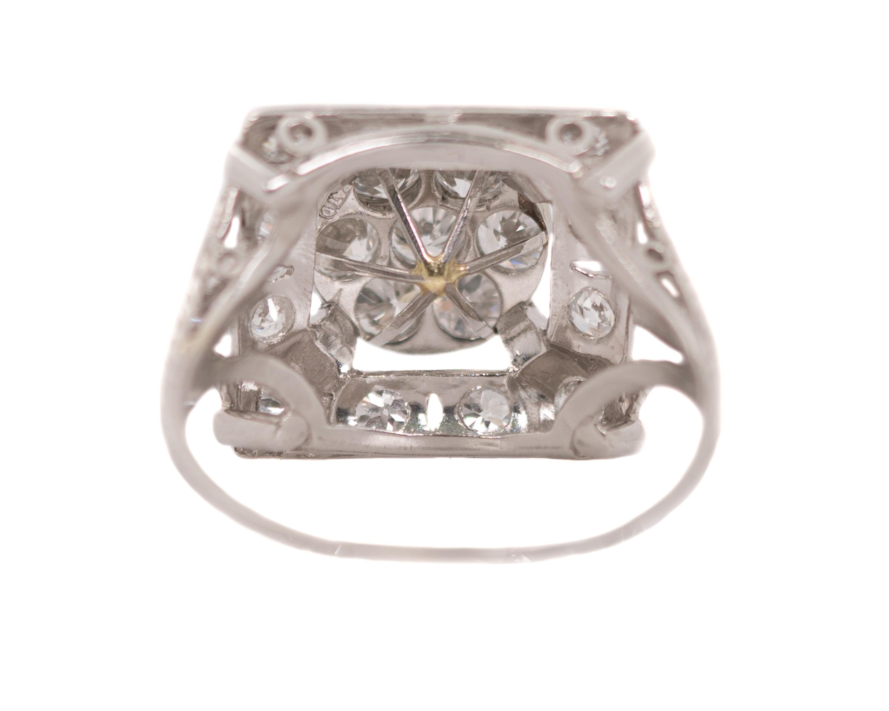 1930s Art Deco 2.5 Carat Total Diamond Platinum Cluster Ring In Good Condition In Atlanta, GA