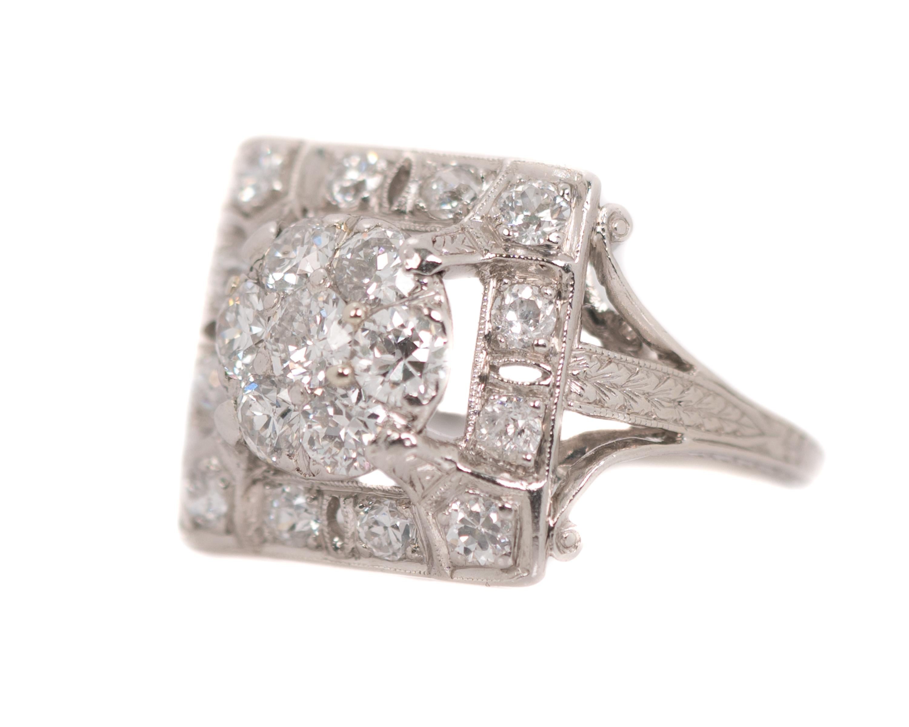 Women's 1930s Art Deco 2.5 Carat Total Diamond Platinum Cluster Ring