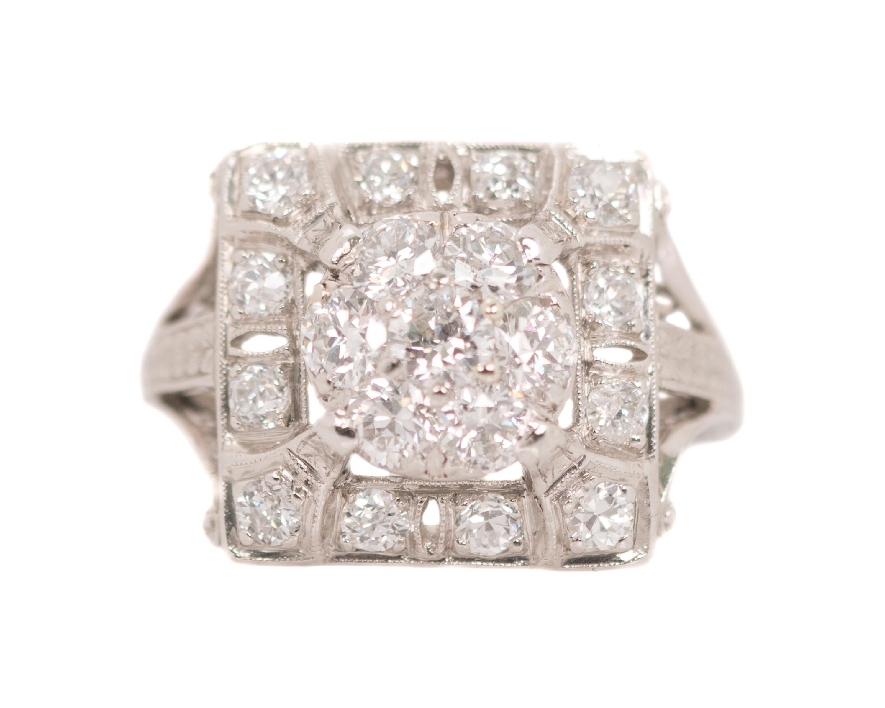 1930s Art Deco 2.5 Carat Total Diamond Platinum Cluster Ring 3
