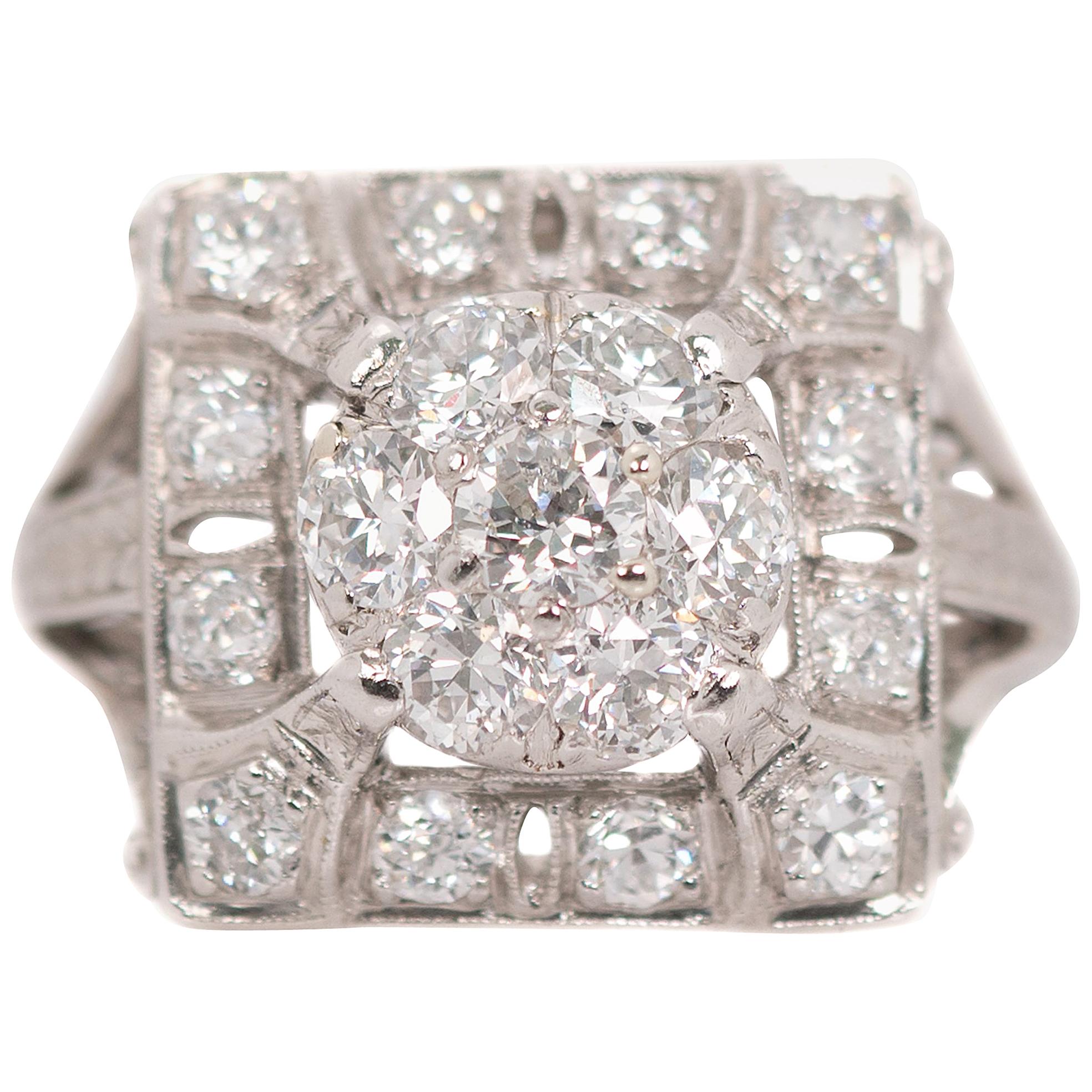 1930s Art Deco 2.5 Carat Total Diamond Platinum Cluster Ring