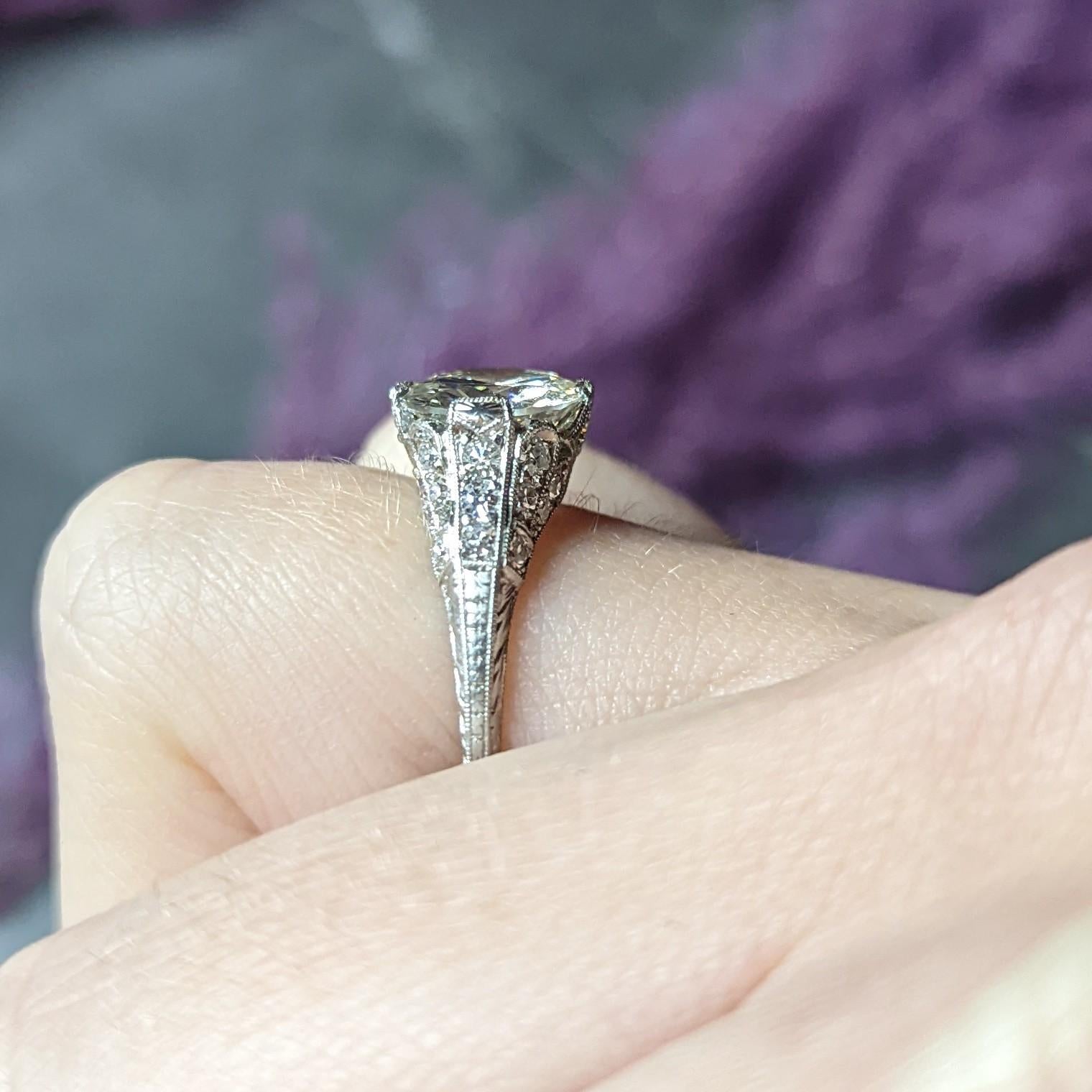 1930's Art Deco 2.58 Carats Old European Diamond Platinum Floral Engagement Ring 7