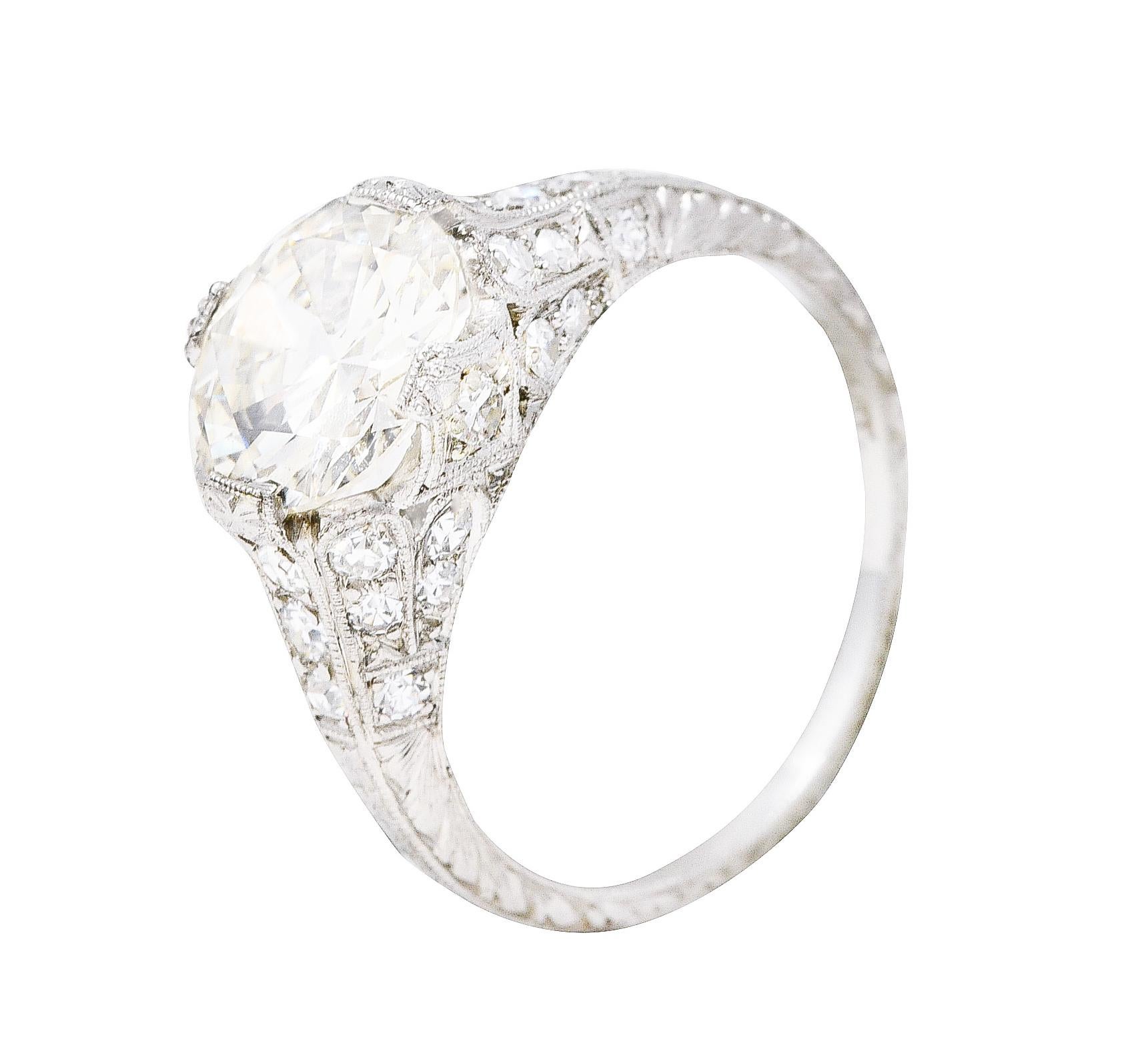 1930's Art Deco 2.58 Carats Old European Diamond Platinum Floral Engagement Ring 6