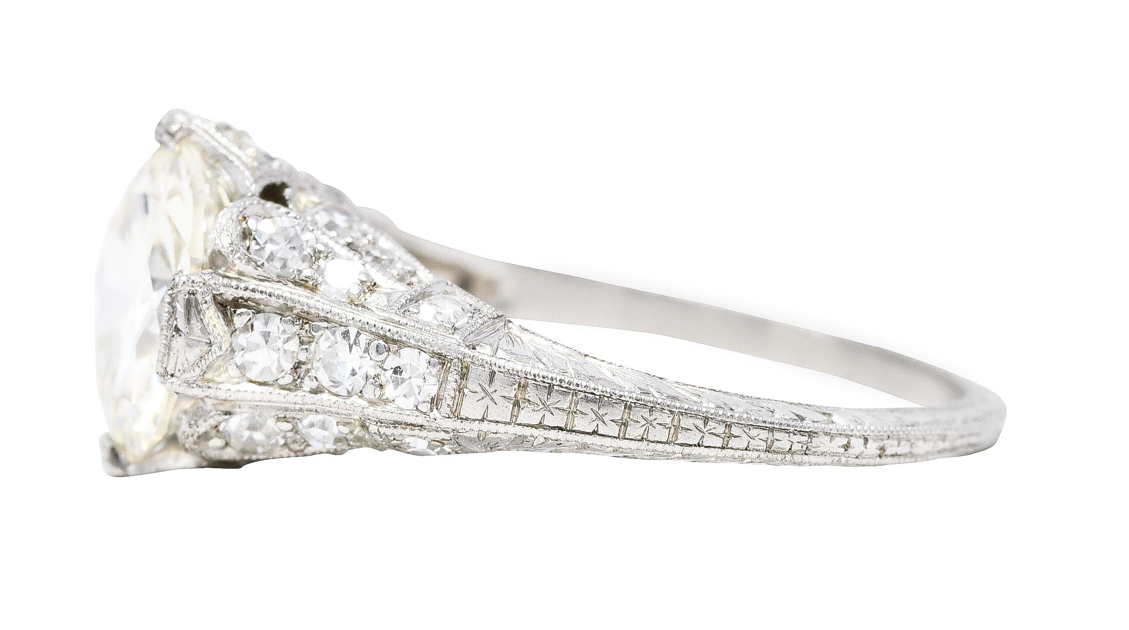 1930's Art Deco 2.58 Carats Old European Diamond Platinum Floral Engagement Ring 1