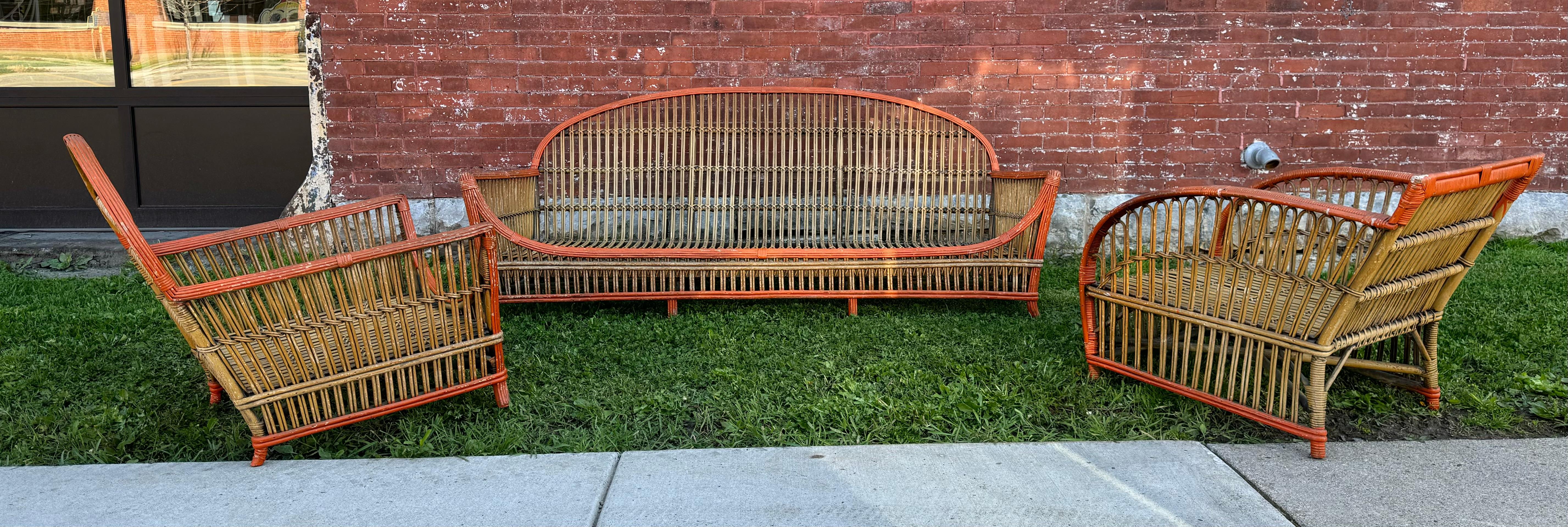 1930's Art Deco  3-Piece / Stick wICKER / Split Reed Sofa and Chairs, Ypsilanti  For Sale 3