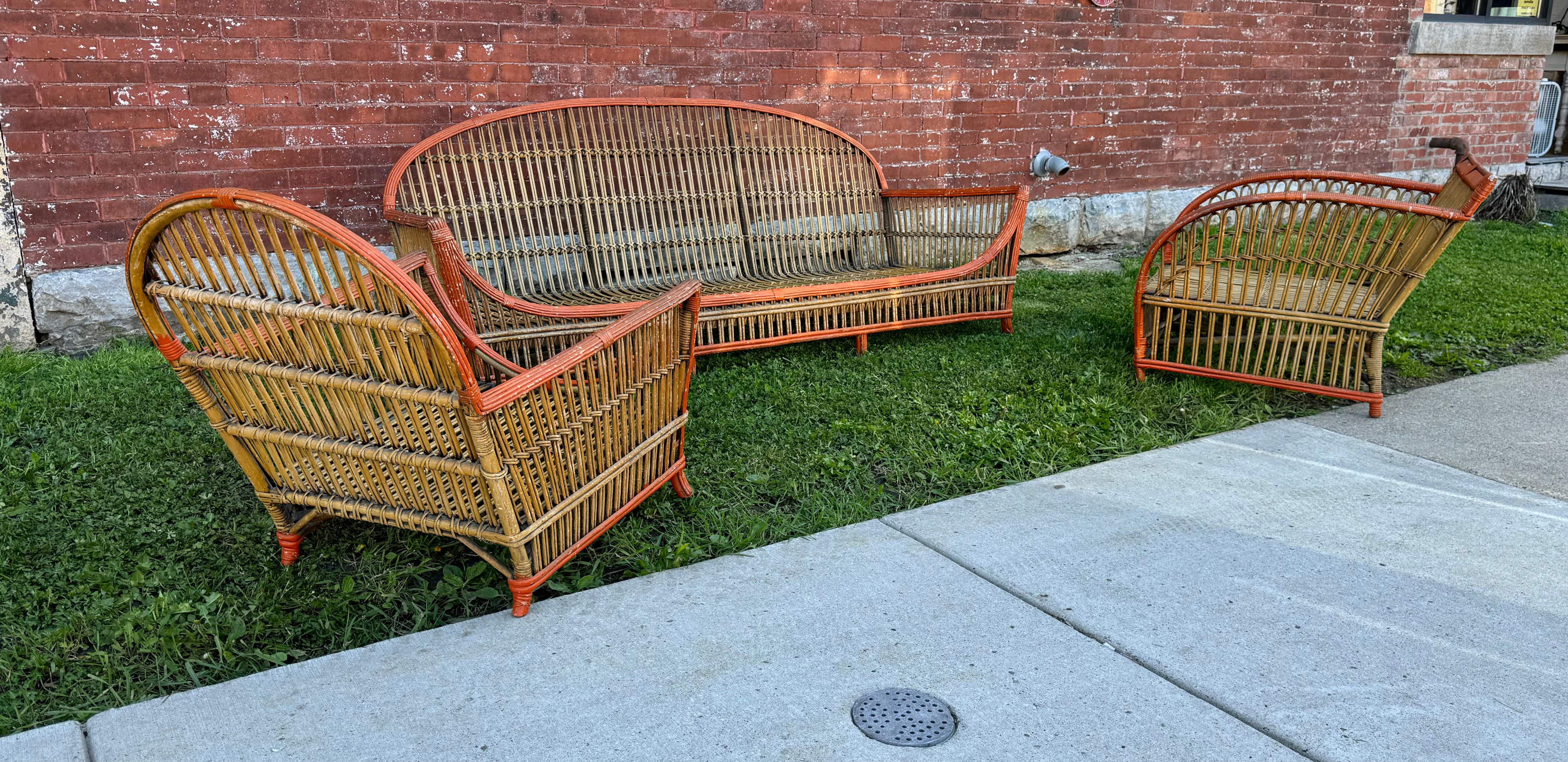 1930's Art Deco  3-Piece / Stick wICKER / Split Reed Sofa and Chairs, Ypsilanti  For Sale 4