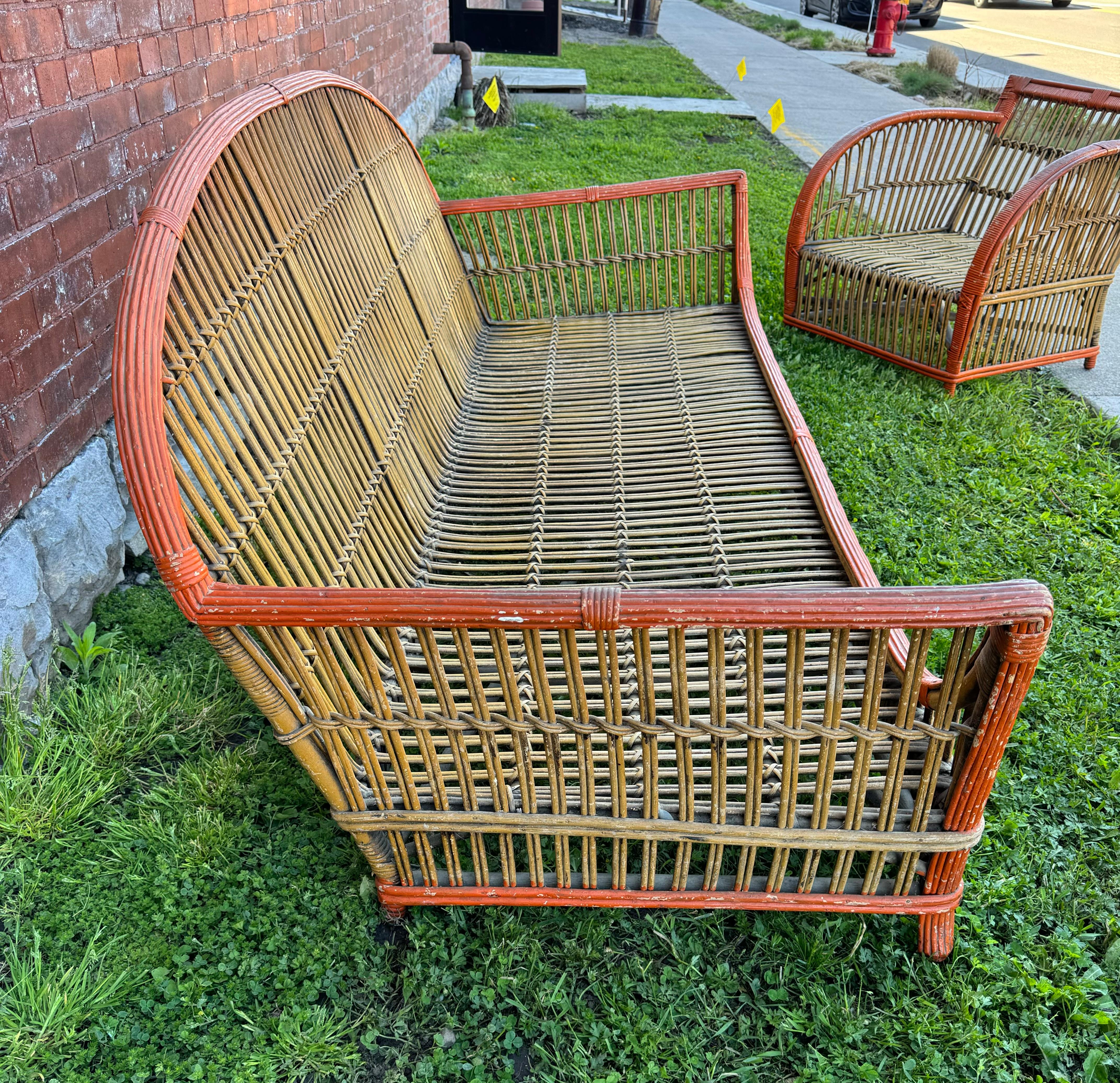 1930er Jahre Art Deco  3-teiliges / Stick wICKER / Sofa und Stühle aus gespaltenem Schilf, Ypsilanti im Angebot 4