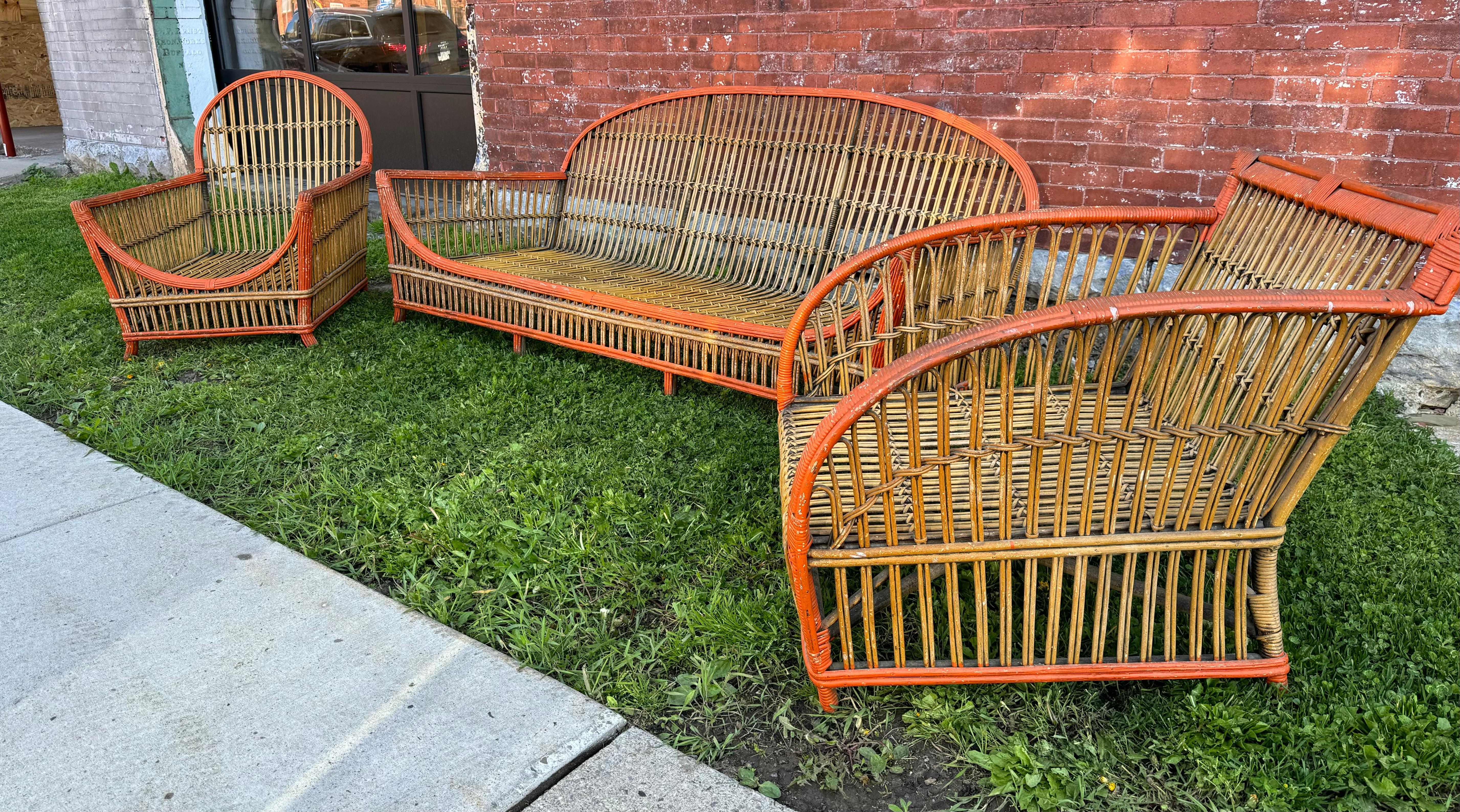 Stunning 1930's Art Deco  3-Piece / Stick wICKER / Split Reed Sofa and Chairs, attrib to Ypsilanti Reed Furniture Co..absent of cushions. Amazing quality and condition,, possibly repainted a very long time ago ? Great color , patina.. **NOTE**
