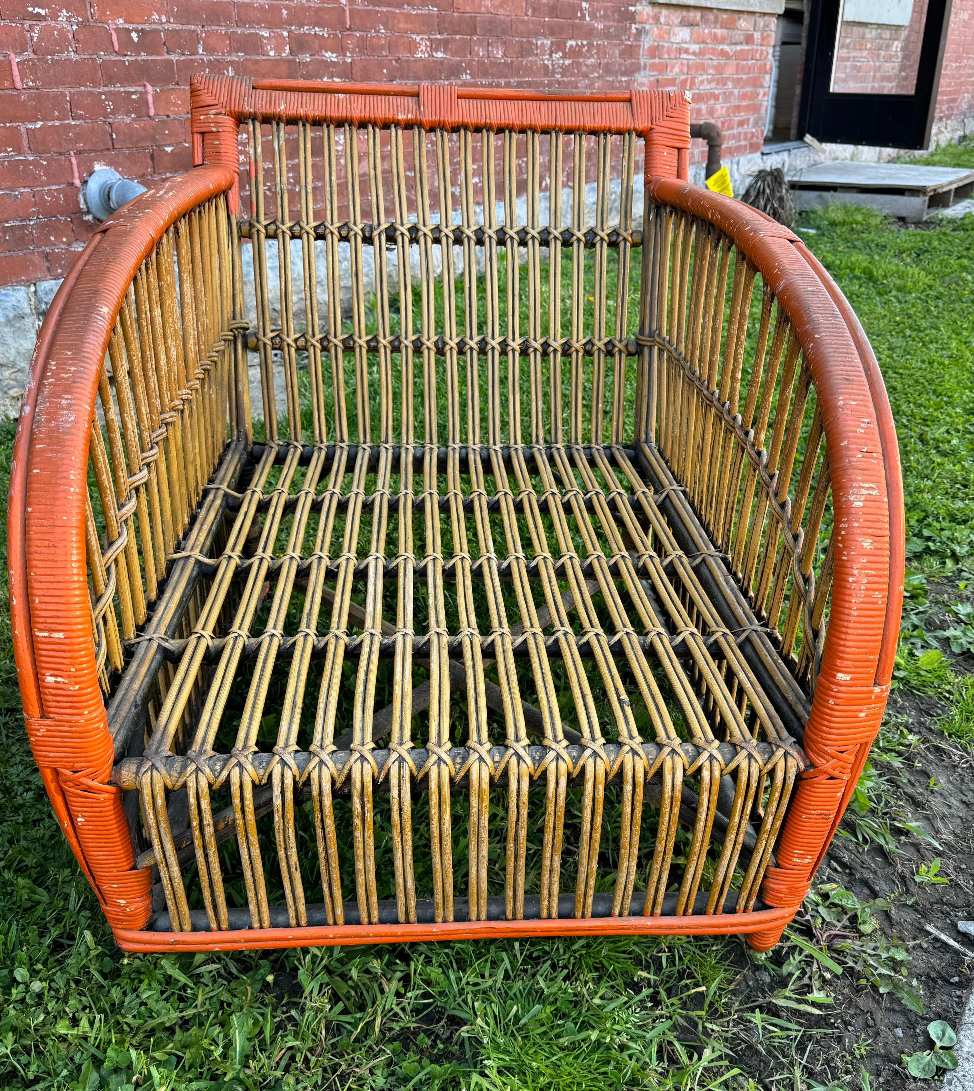 Painted 1930's Art Deco  3-Piece / Stick wICKER / Split Reed Sofa and Chairs, Ypsilanti  For Sale
