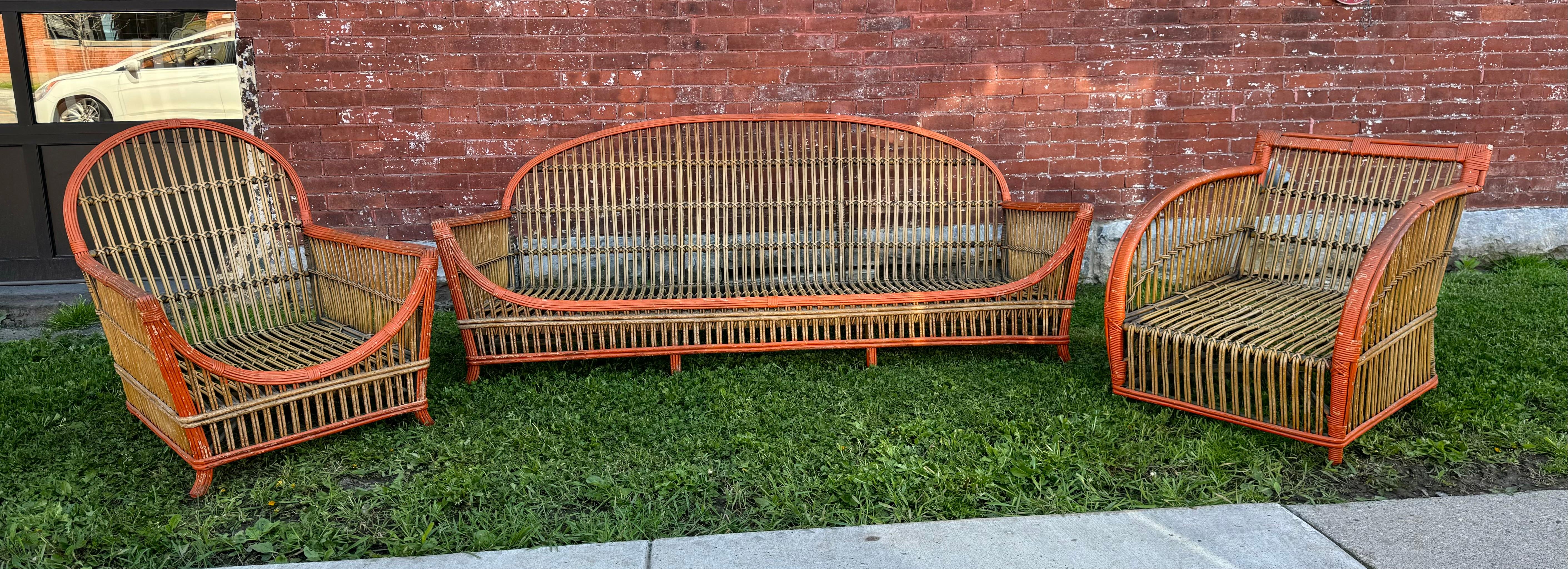 1930's Art Deco  3-Piece / Stick wICKER / Split Reed Sofa and Chairs, Ypsilanti  In Good Condition For Sale In Buffalo, NY
