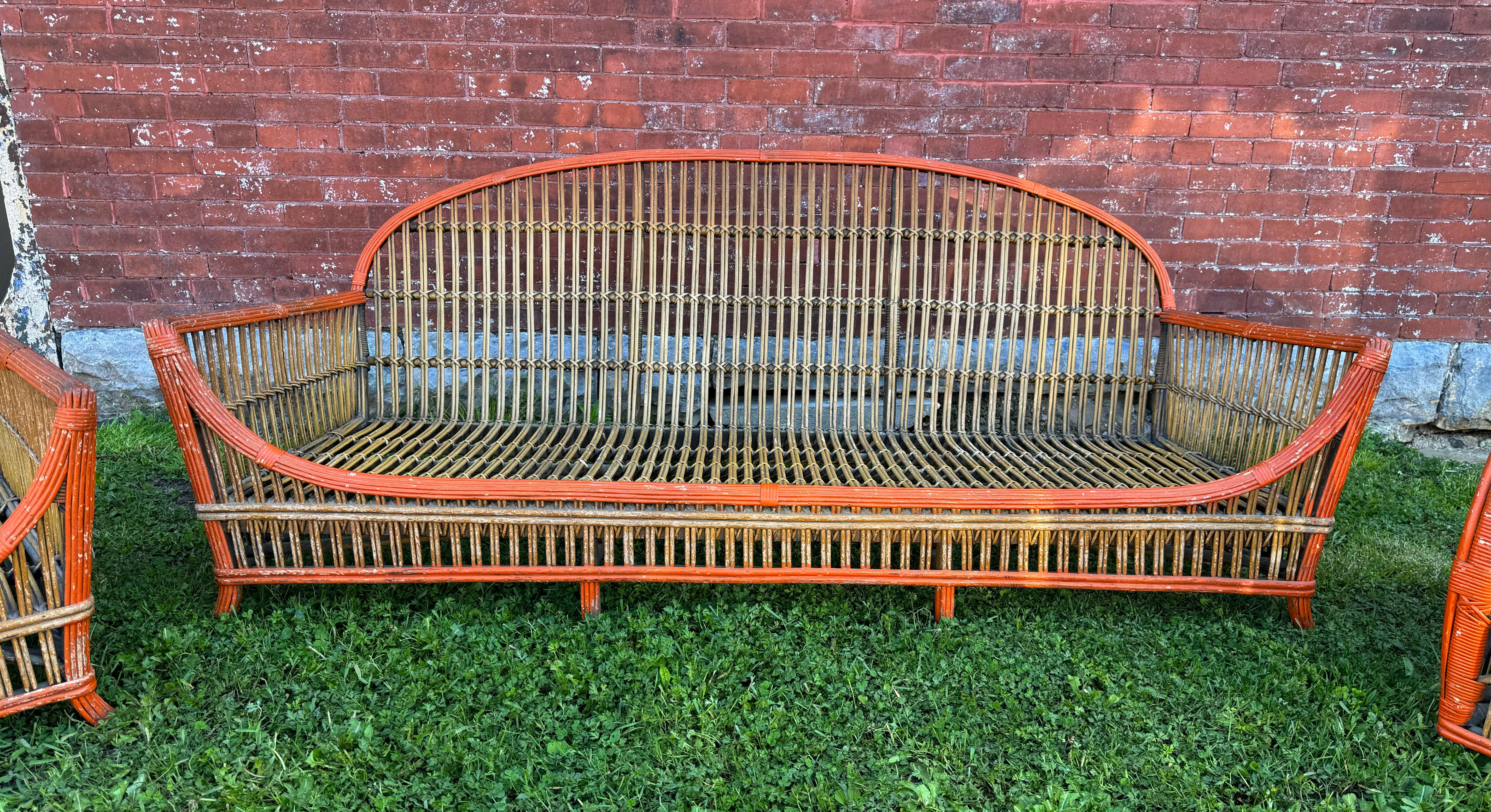 Mid-20th Century 1930's Art Deco  3-Piece / Stick wICKER / Split Reed Sofa and Chairs, Ypsilanti  For Sale