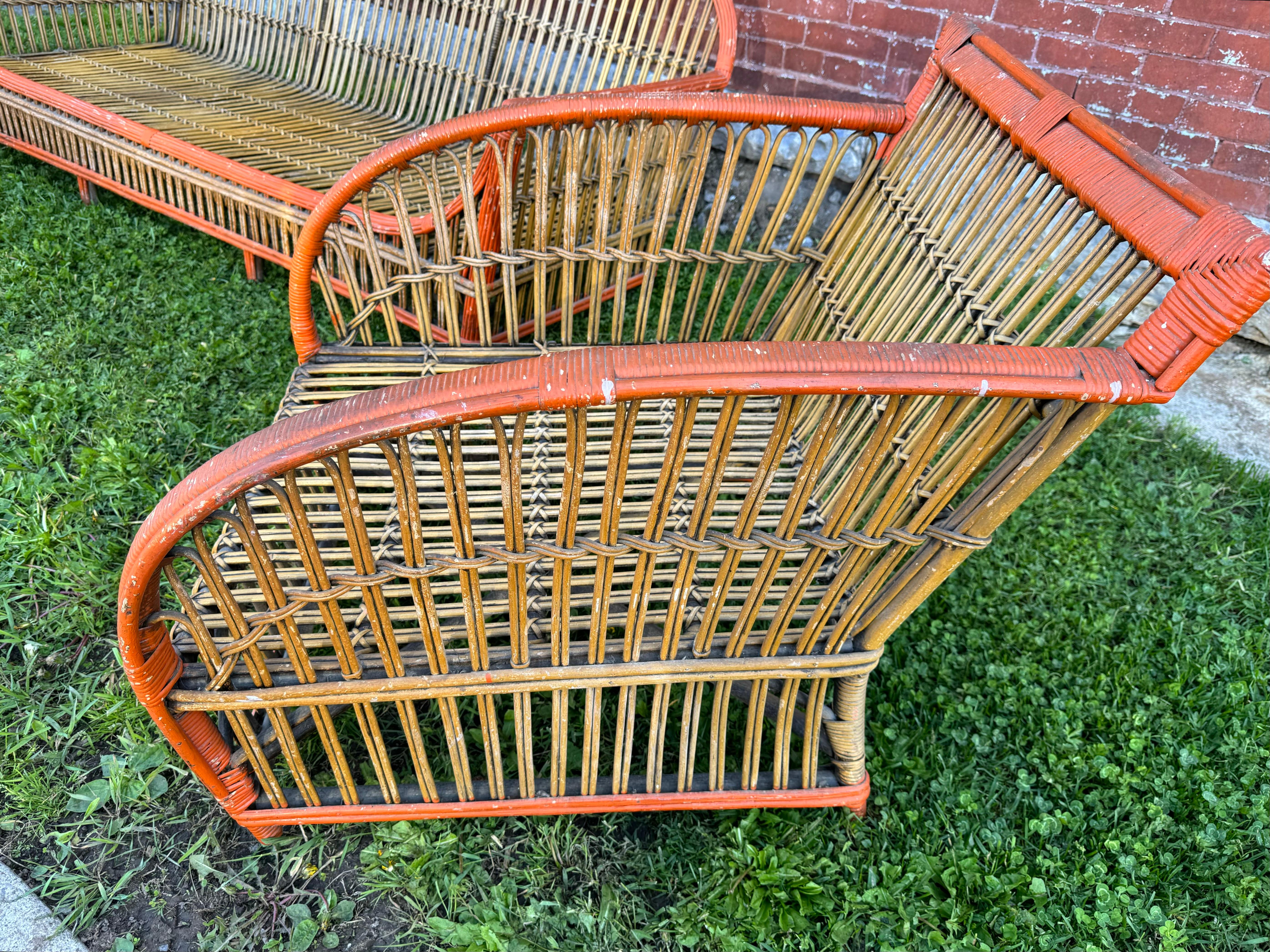 Wicker 1930's Art Deco  3-Piece / Stick wICKER / Split Reed Sofa and Chairs, Ypsilanti  For Sale