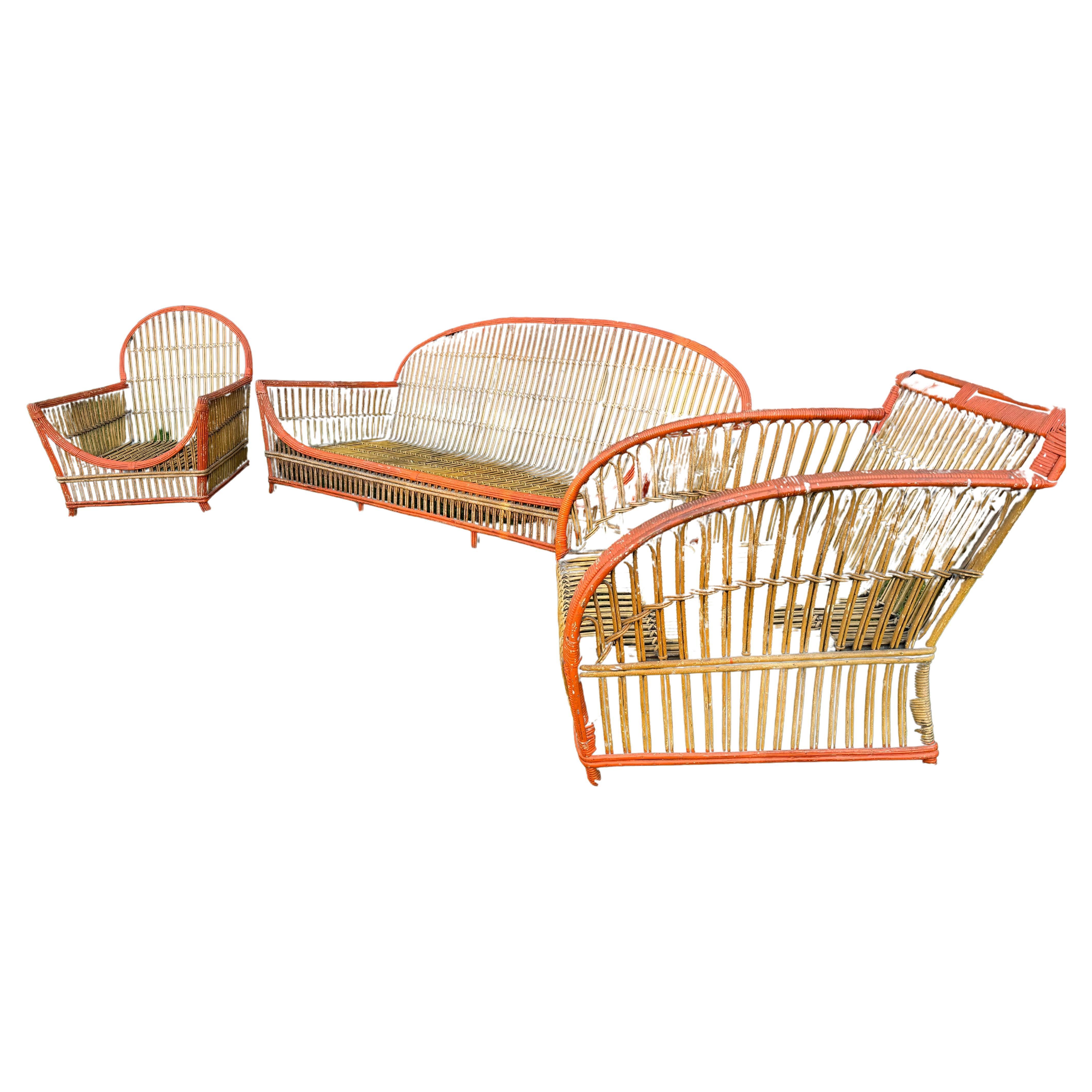 1930's Art Deco  3-Piece / Stick wICKER / Split Reed Sofa and Chairs, Ypsilanti  For Sale