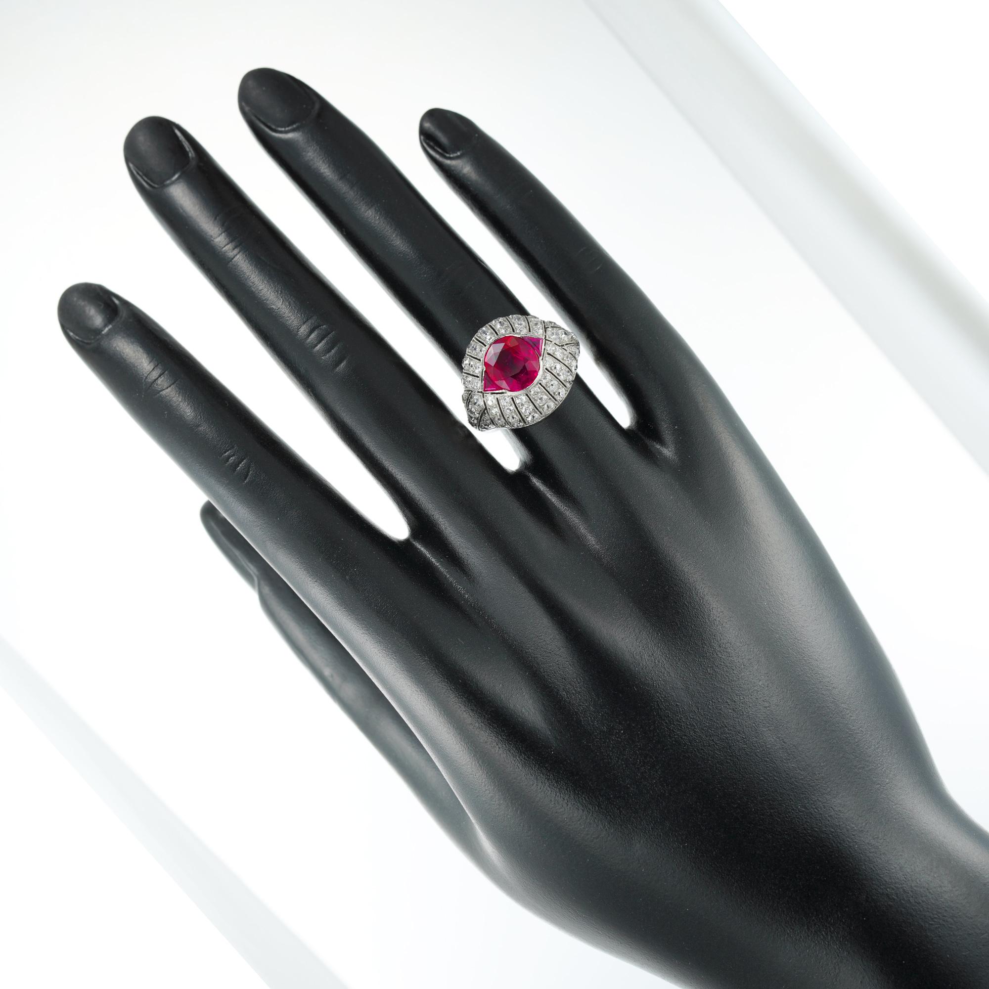 1930s Art Deco 3.88 Carat Mogok Burma Ruby Diamond Platinum Cocktail Ring In Excellent Condition For Sale In London, GB