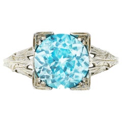 Vintage 1930's Art Deco 3.93 Carats Blue Zircon 18 Karat White Gold Engagement Ring