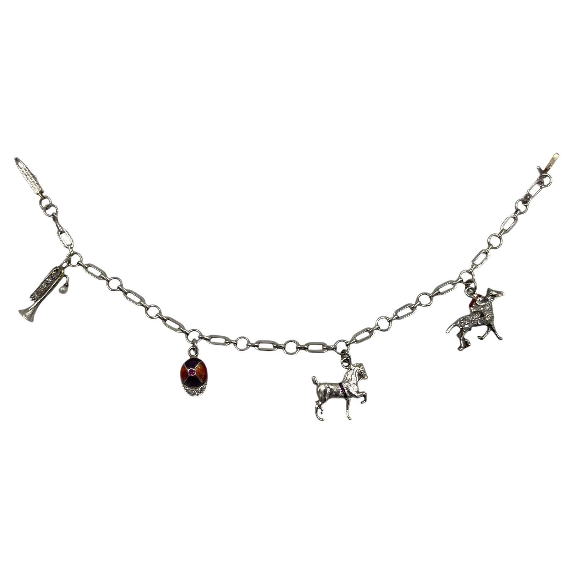 1930s Art Deco 4 Equestrian Charms White Gold Bracelet