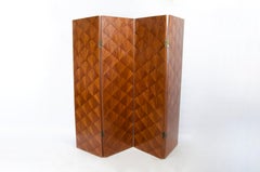 1930s Art Déco 4-Pannel Straw Marquetry Folding Screen by Comte S.A., Argentina
