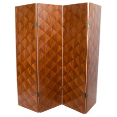 1930s Art Déco 4-Pannel Straw Marquetry Folding Screen by Comte S.A., Argentina