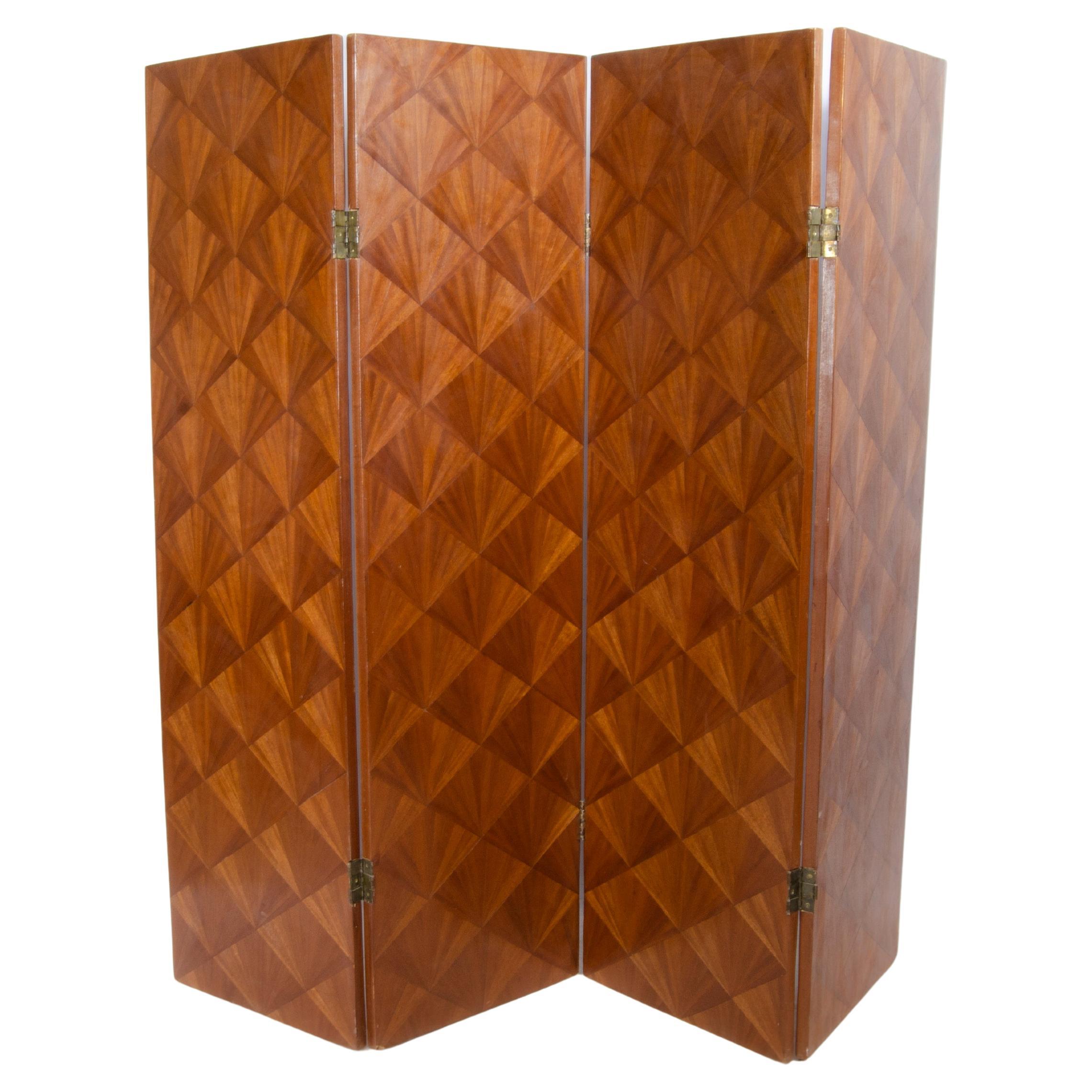 1930s Art Déco 4-Pannel Straw Marquetry Folding Screen by Comte S.A., Argentina