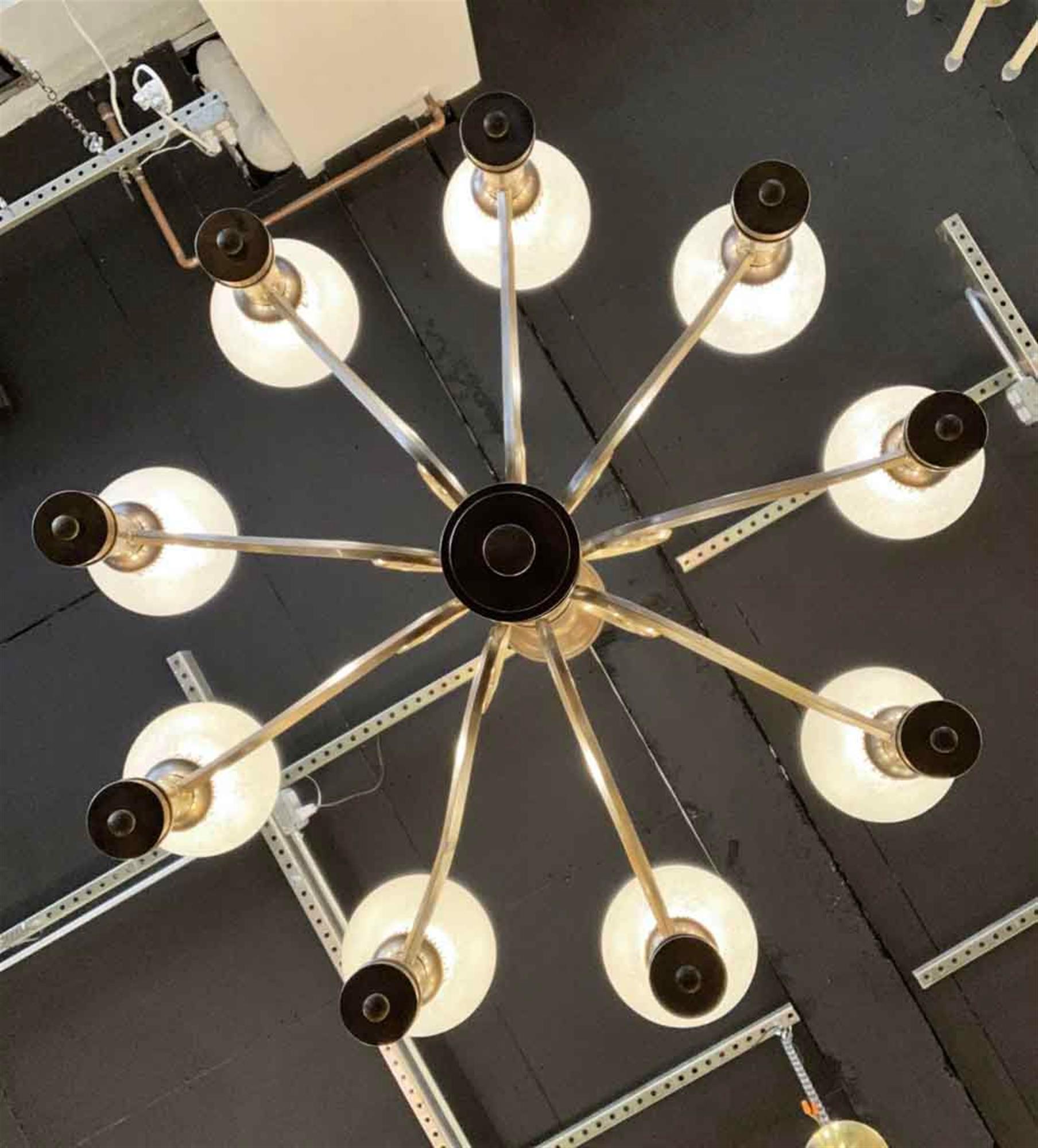1930s Art Deco 9 Globe Brass Chandelier with Round Textured Globes 1