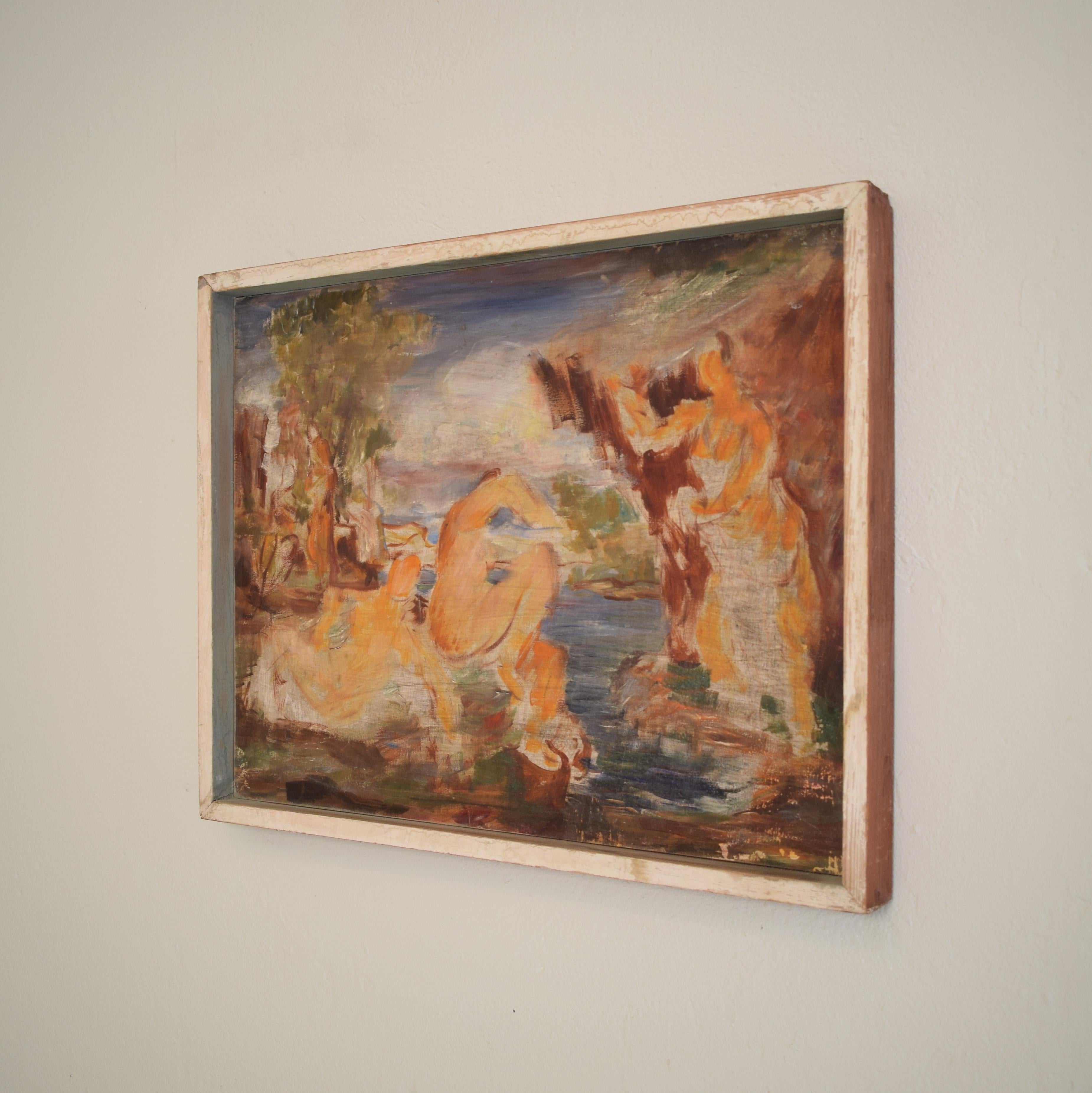 1930s Art Deco Acrylic Painting on Wood after the Large Bathers by Renoir 6