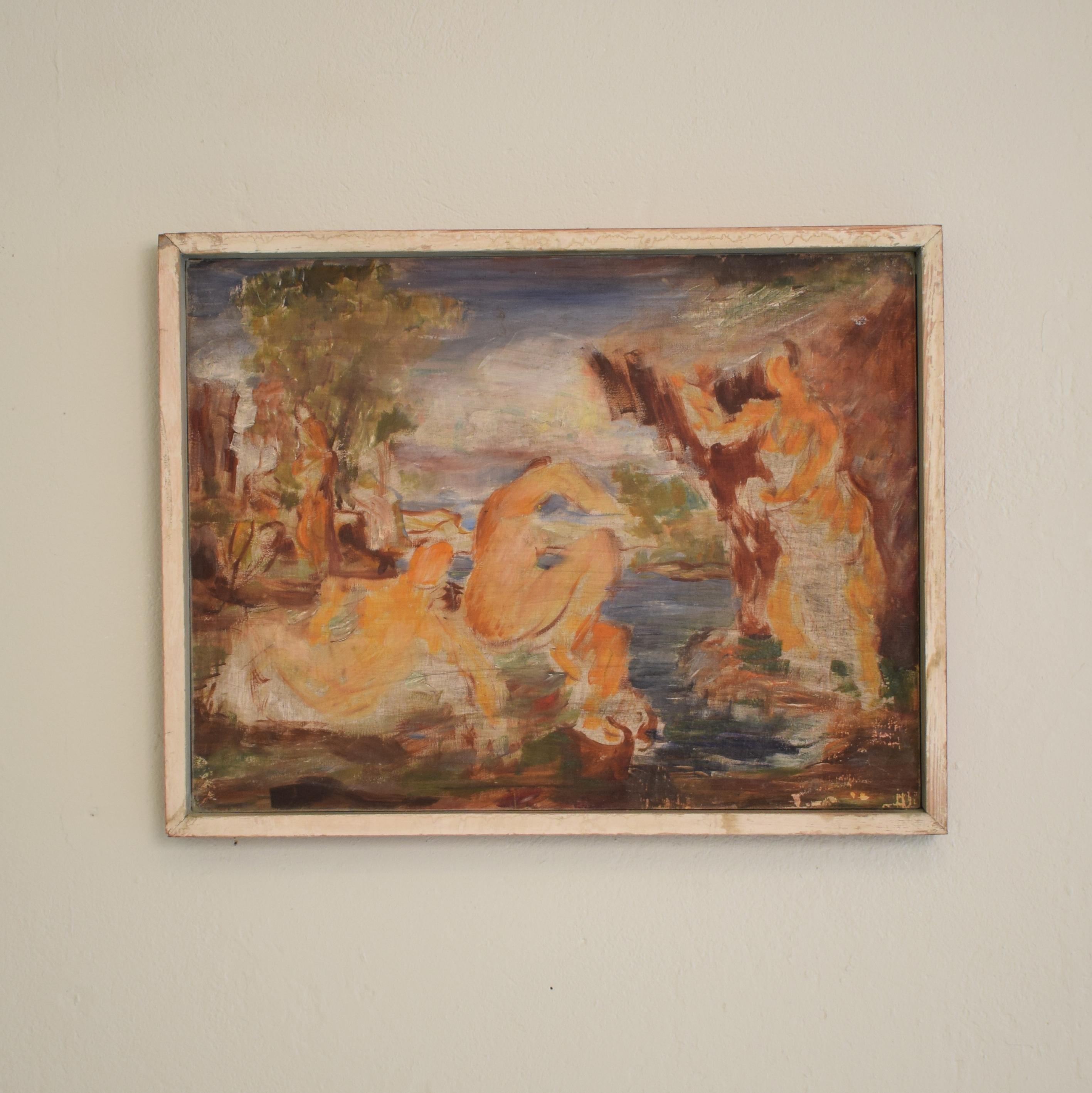 German 1930s Art Deco Acrylic Painting on Wood after the Large Bathers by Renoir