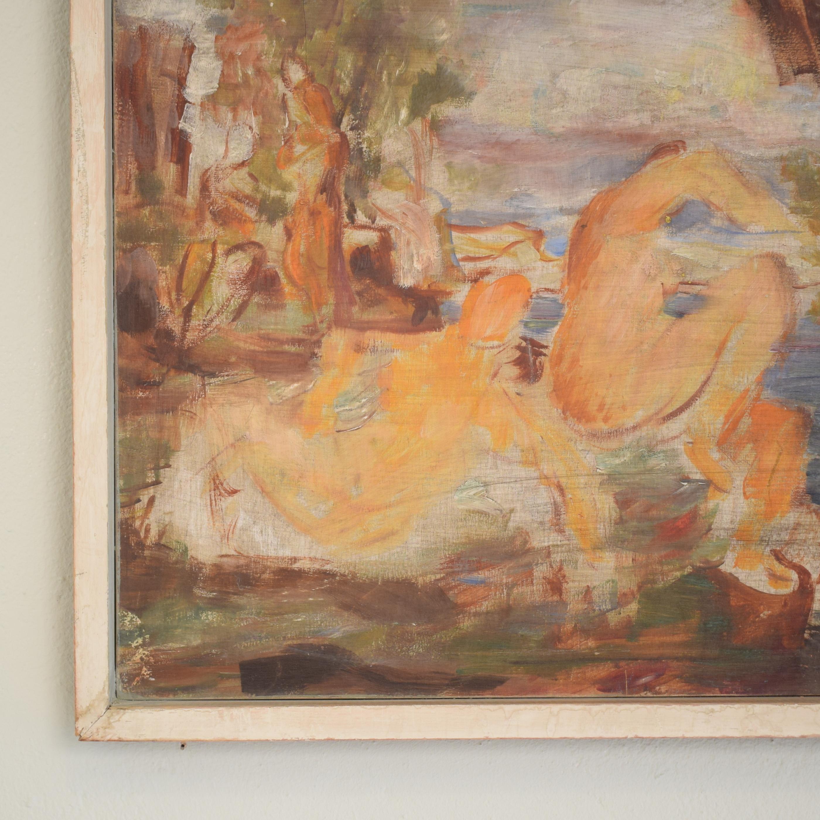 Mid-20th Century 1930s Art Deco Acrylic Painting on Wood after the Large Bathers by Renoir