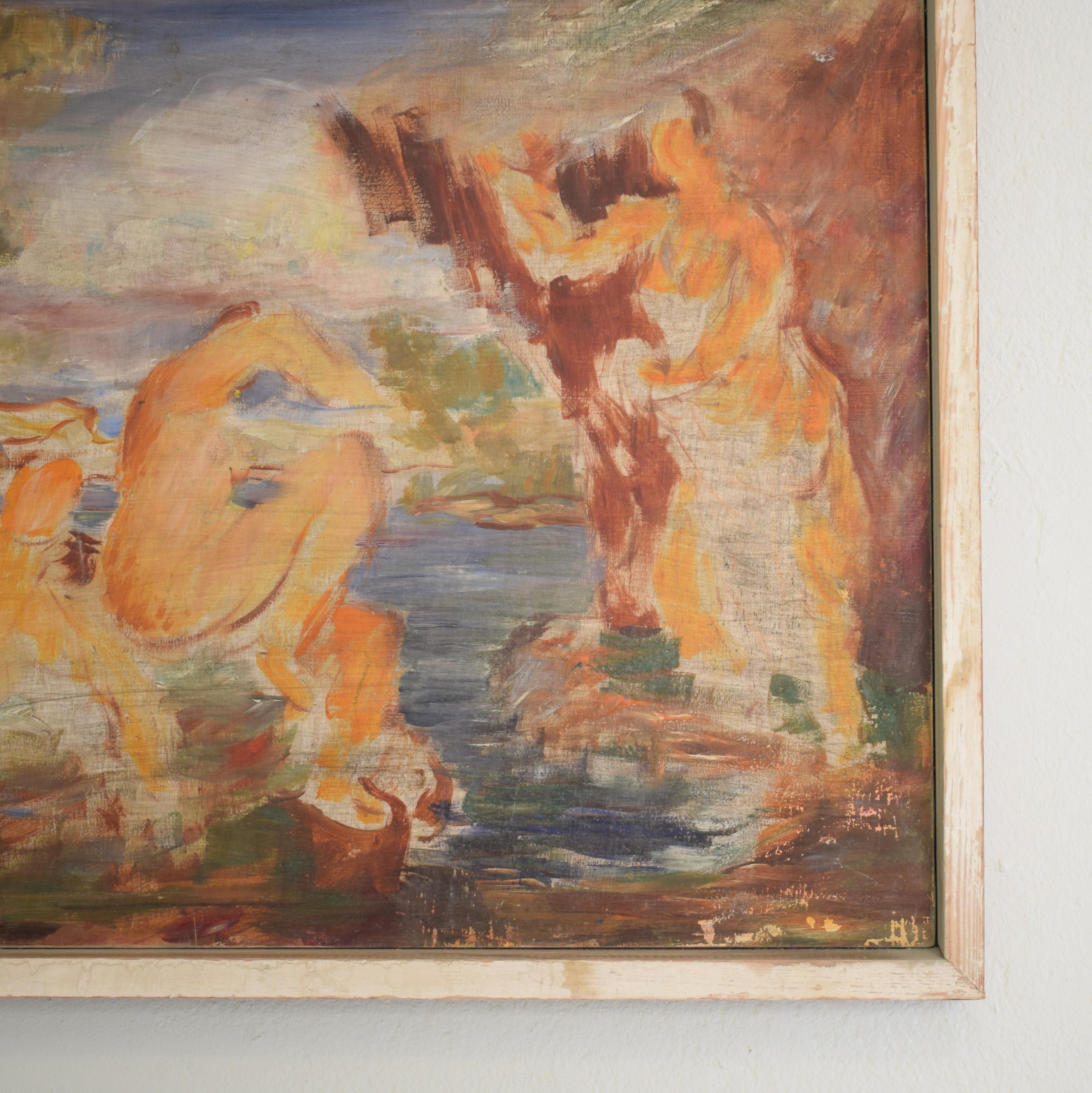 1930s Art Deco Acrylic Painting on Wood after the Large Bathers by Renoir 1