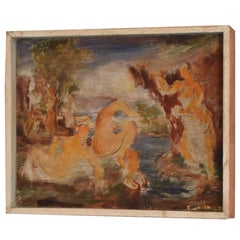 1930er Jahre Art Deco-Acrylgemälde auf Holz nach den Großen Badenden von Renoir